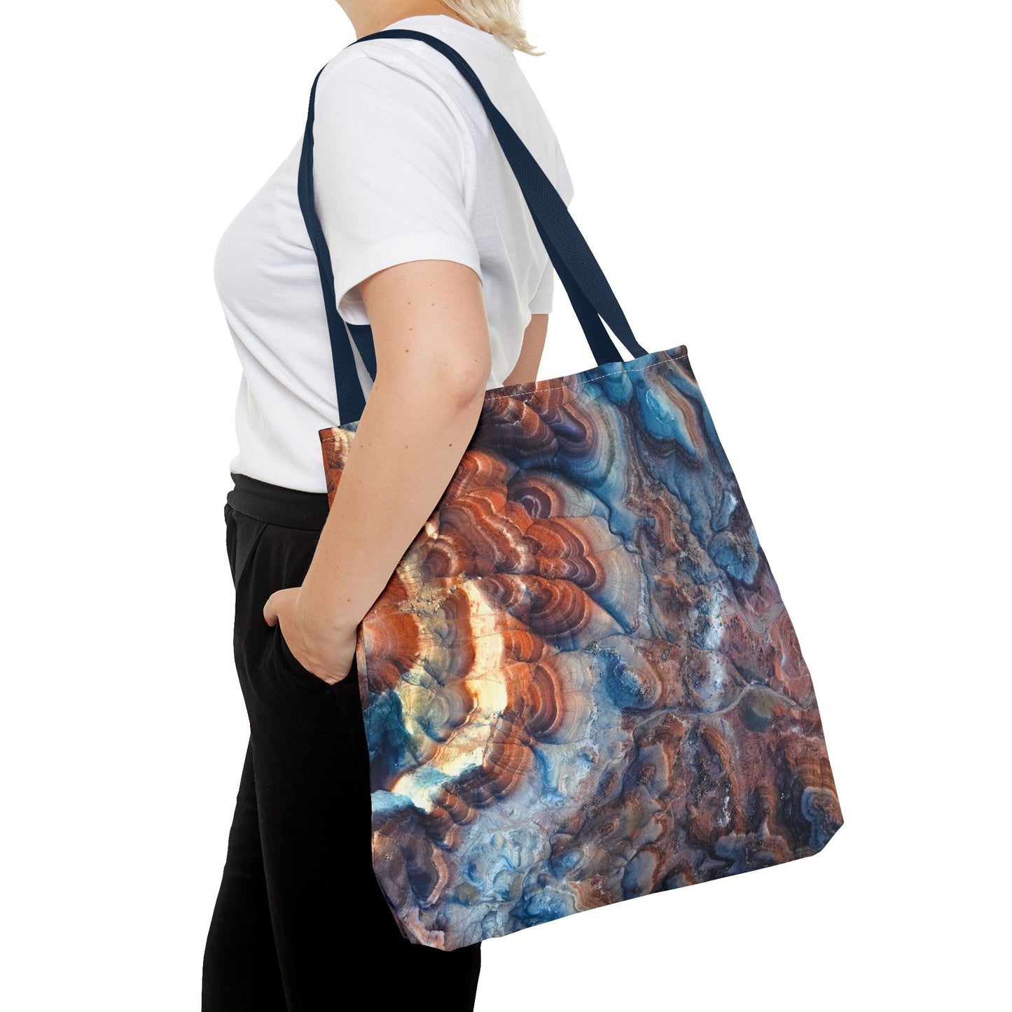Bentonite Hills Utah Abstract Agate Pattern Tote Bag — Blue & Rust Marble All-Over Print
