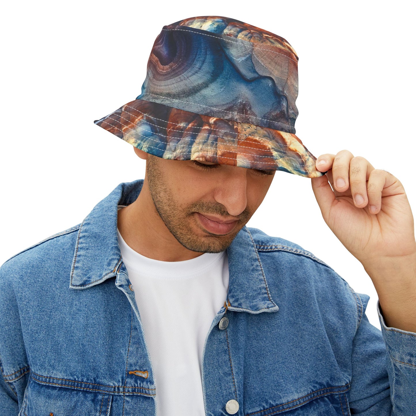 Bentonite Hills, Utah, Abstract Agate Print Bucket Hat — Colorful Swirl Pattern