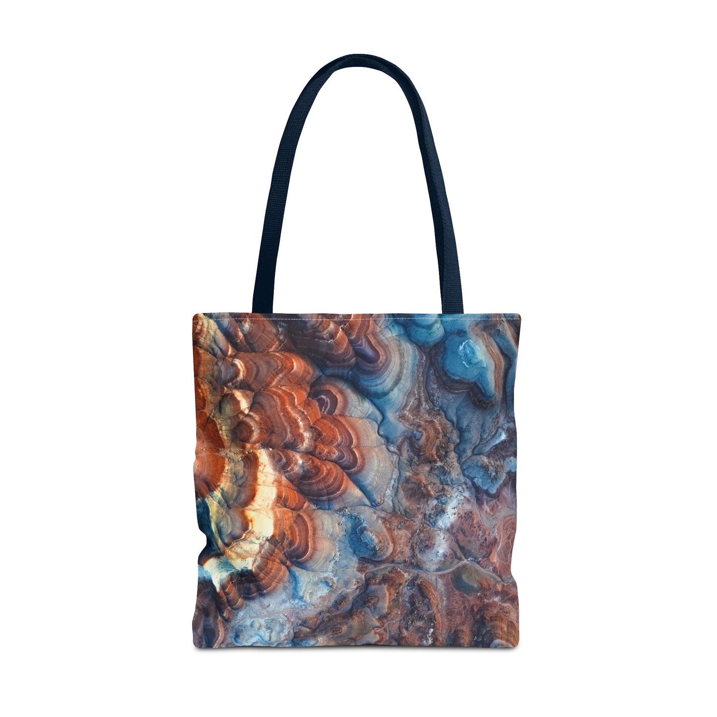 Bentonite Hills Utah Abstract Agate Pattern Tote Bag — Blue & Rust Marble All-Over Print