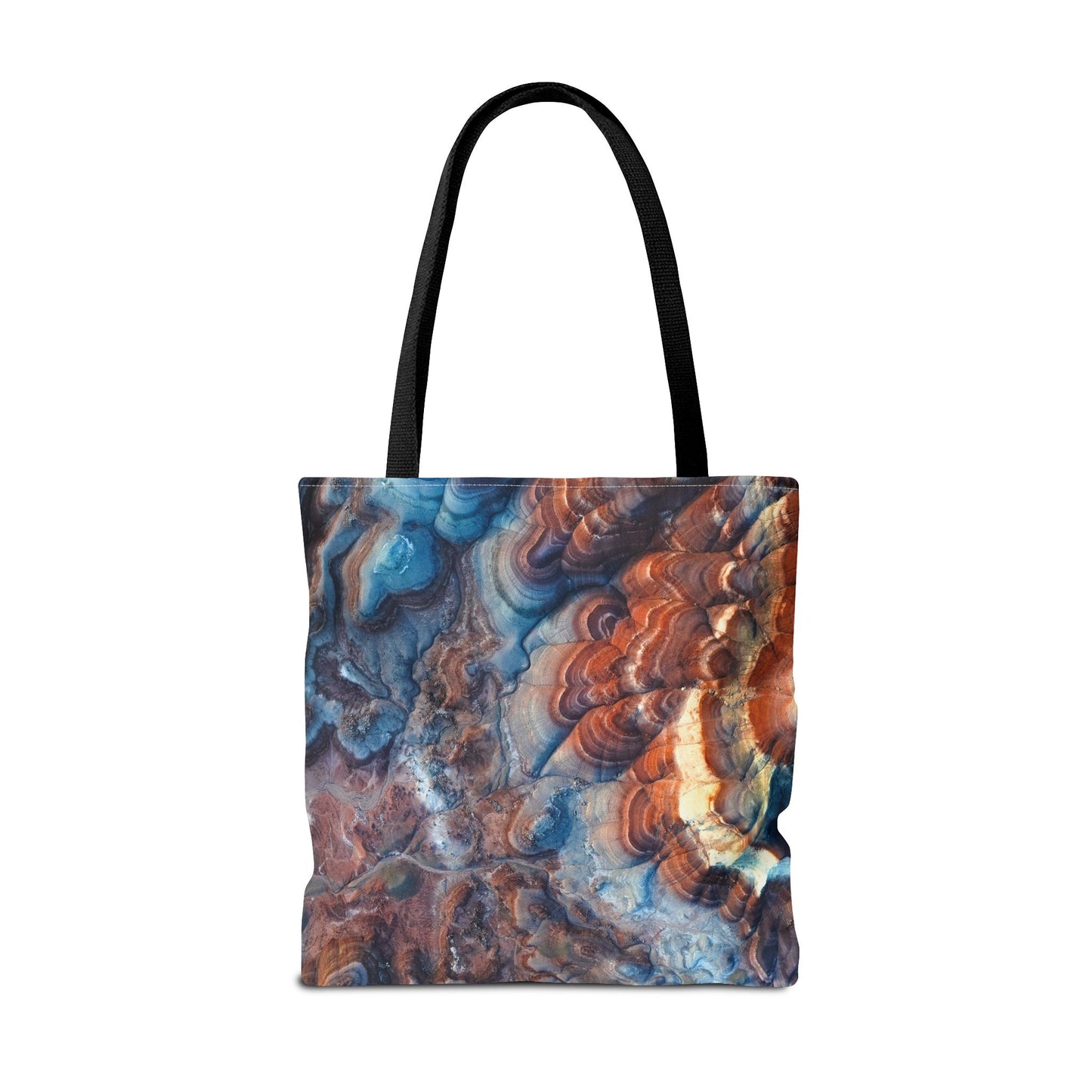 Bentonite Hills Utah Abstract Agate Pattern Tote Bag — Blue & Rust Marble All-Over Print