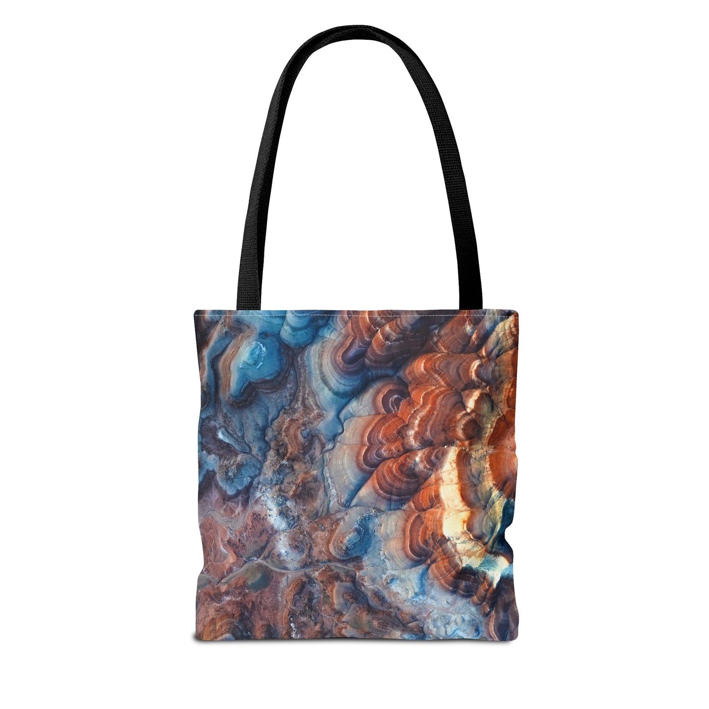 Bentonite Hills Utah Abstract Agate Pattern Tote Bag — Blue & Rust Marble All-Over Print