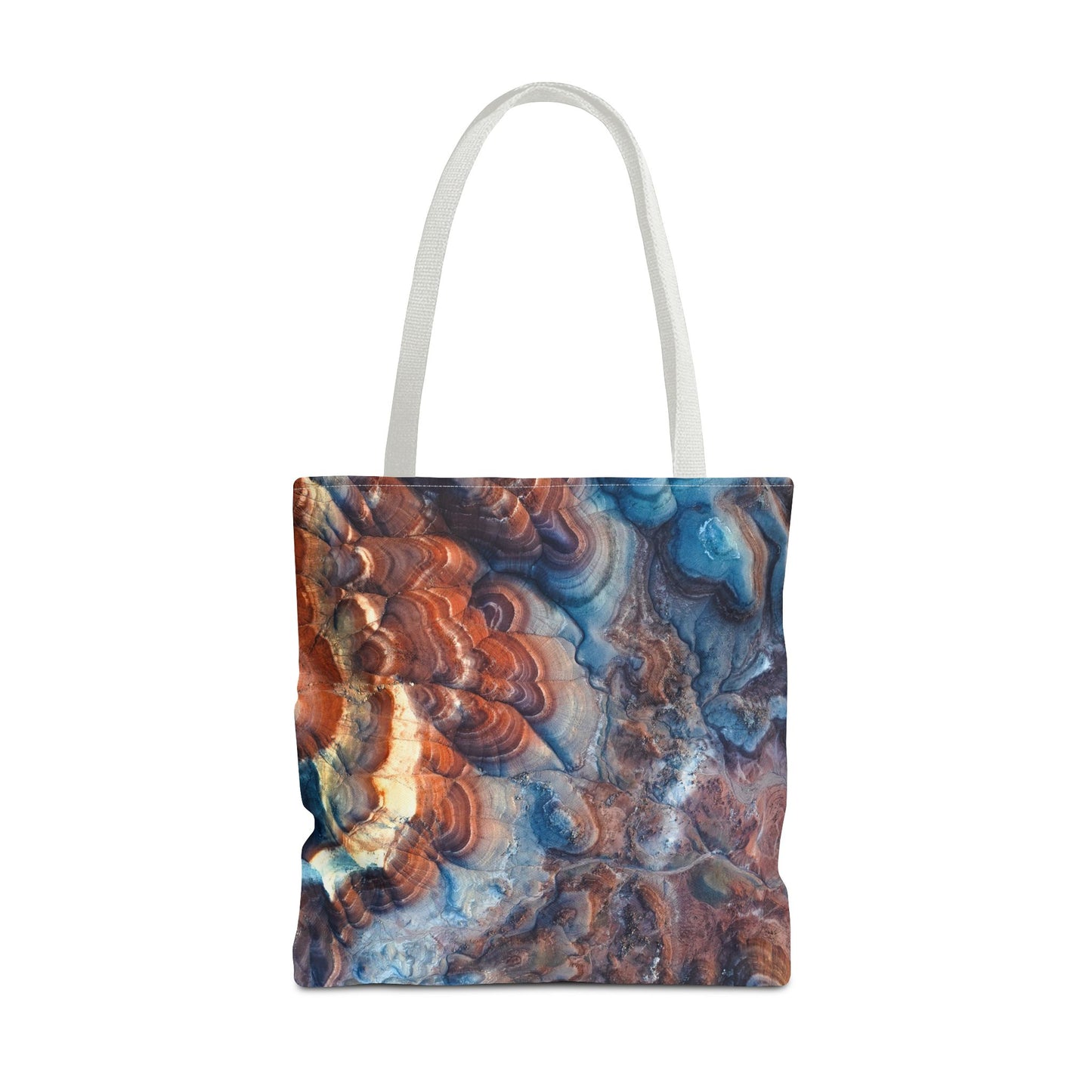 Bentonite Hills Utah Abstract Agate Pattern Tote Bag — Blue & Rust Marble All-Over Print