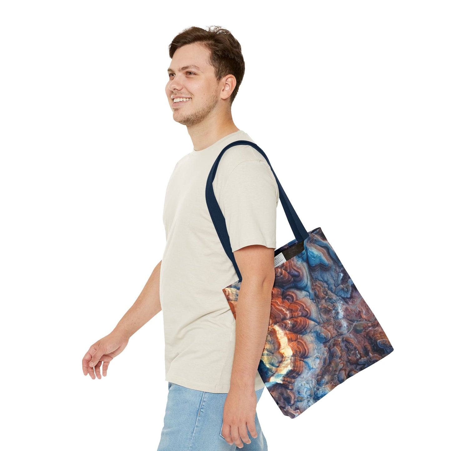 Bentonite Hills Utah Abstract Agate Pattern Tote Bag — Blue & Rust Marble All-Over Print