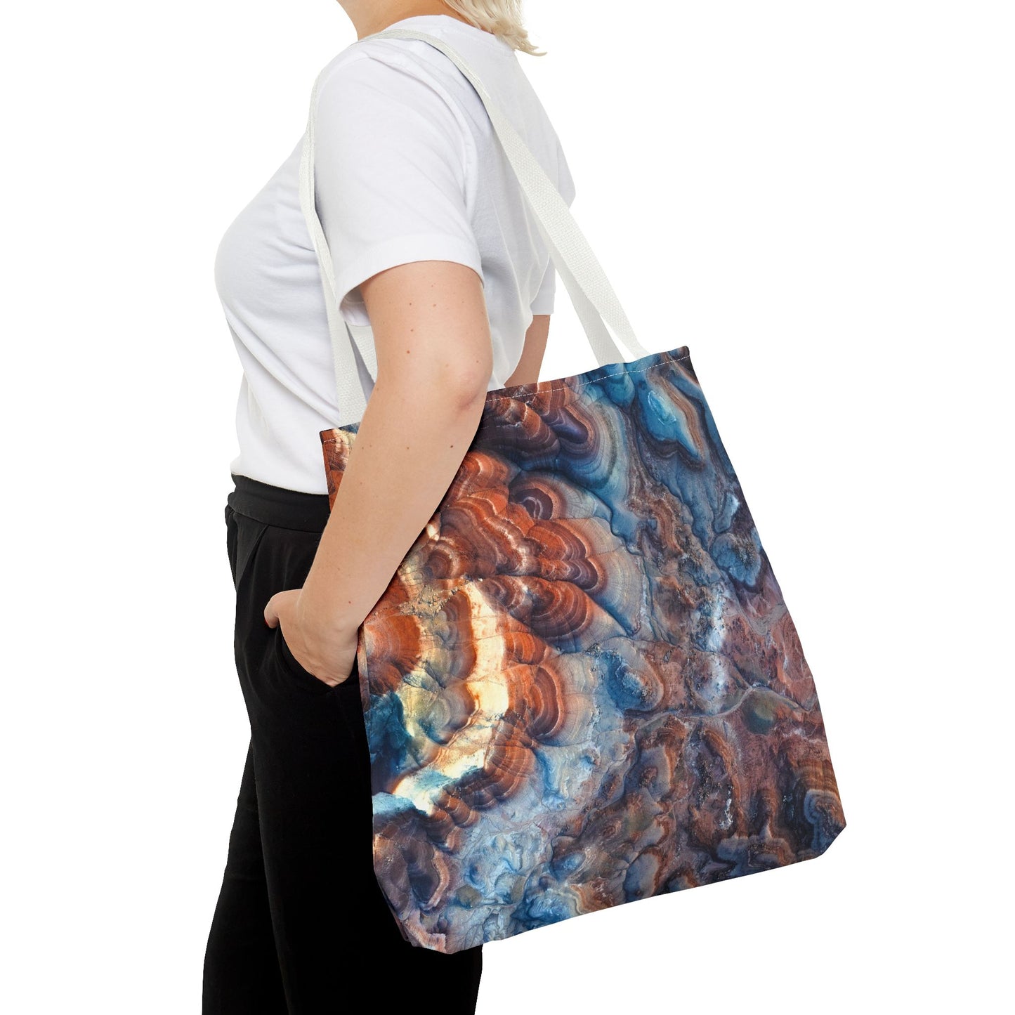 Bentonite Hills Utah Abstract Agate Pattern Tote Bag — Blue & Rust Marble All-Over Print