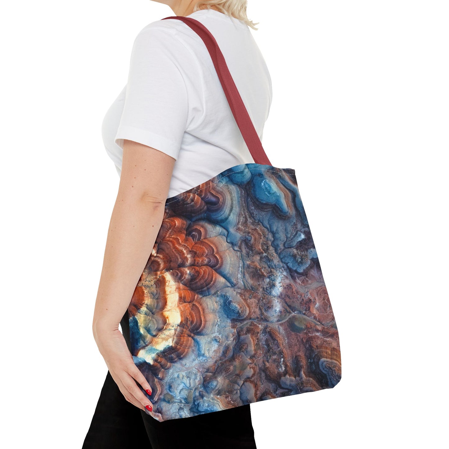 Bentonite Hills Utah Abstract Agate Pattern Tote Bag — Blue & Rust Marble All-Over Print