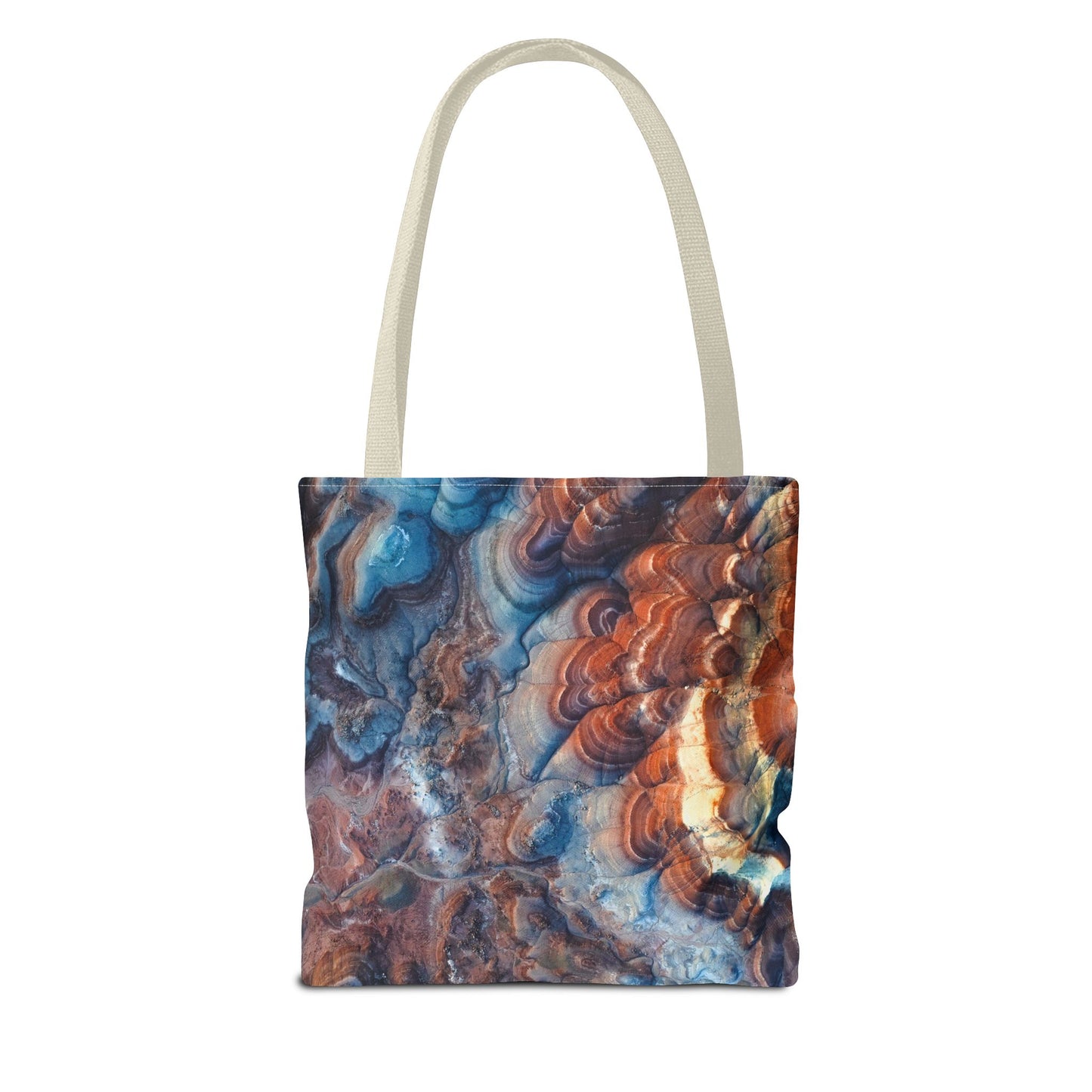 Bentonite Hills Utah Abstract Agate Pattern Tote Bag — Blue & Rust Marble All-Over Print
