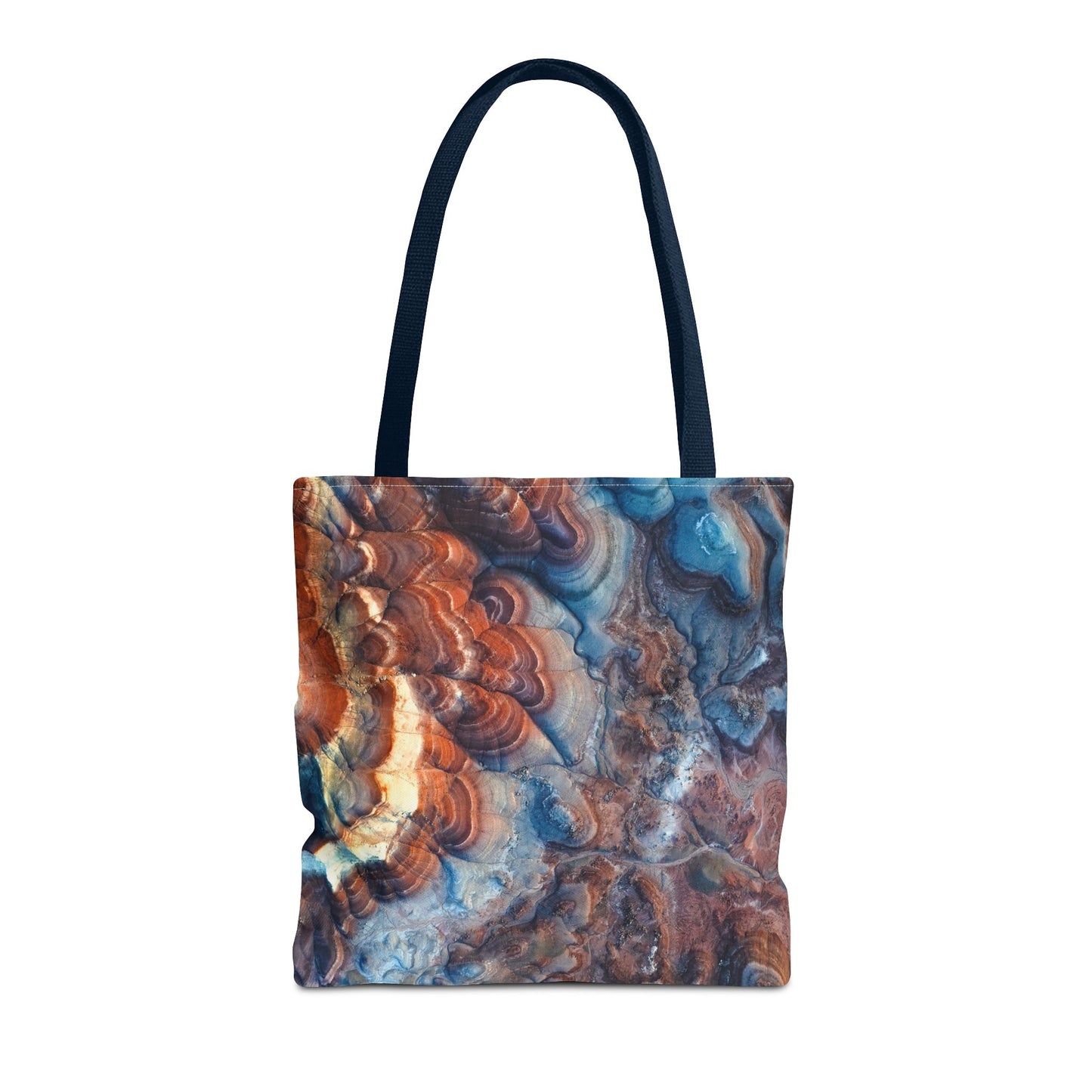 Bentonite Hills Utah Abstract Agate Pattern Tote Bag — Blue & Rust Marble All-Over Print
