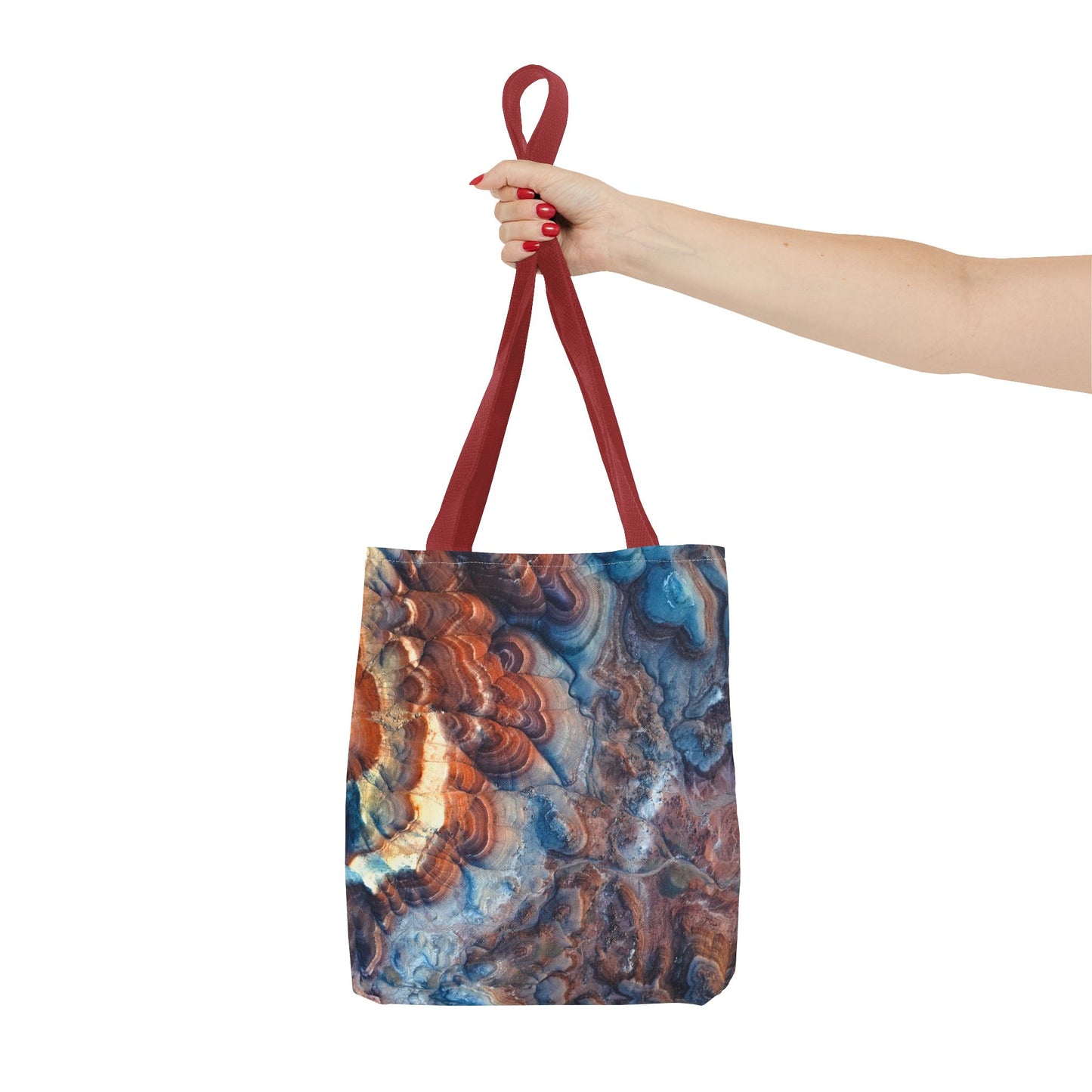 Bentonite Hills Utah Abstract Agate Pattern Tote Bag — Blue & Rust Marble All-Over Print