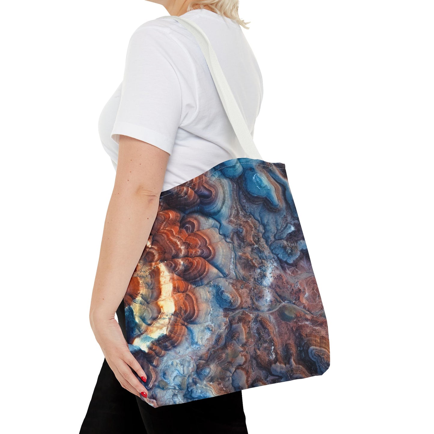 Bentonite Hills Utah Abstract Agate Pattern Tote Bag — Blue & Rust Marble All-Over Print