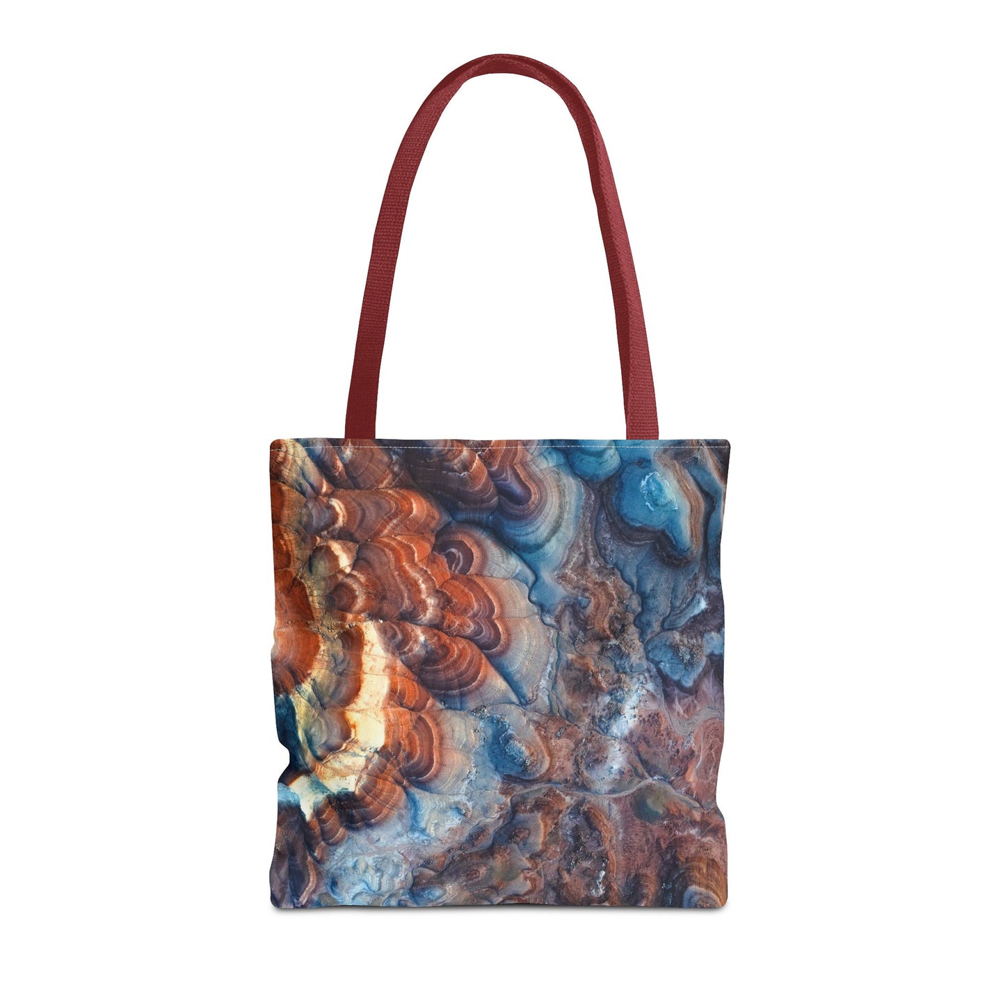 Bentonite Hills Utah Abstract Agate Pattern Tote Bag — Blue & Rust Marble All-Over Print