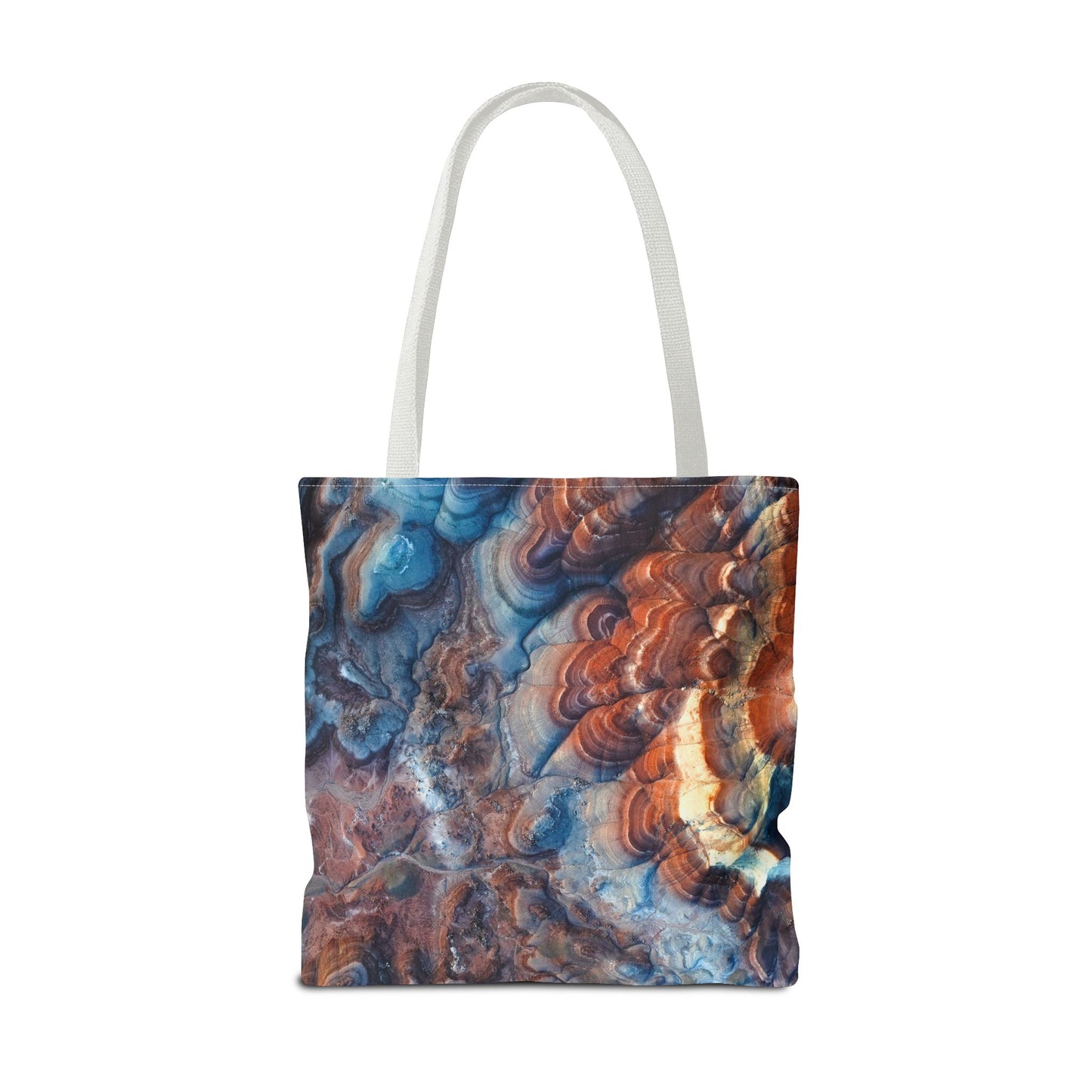 Bentonite Hills Utah Abstract Agate Pattern Tote Bag — Blue & Rust Marble All-Over Print