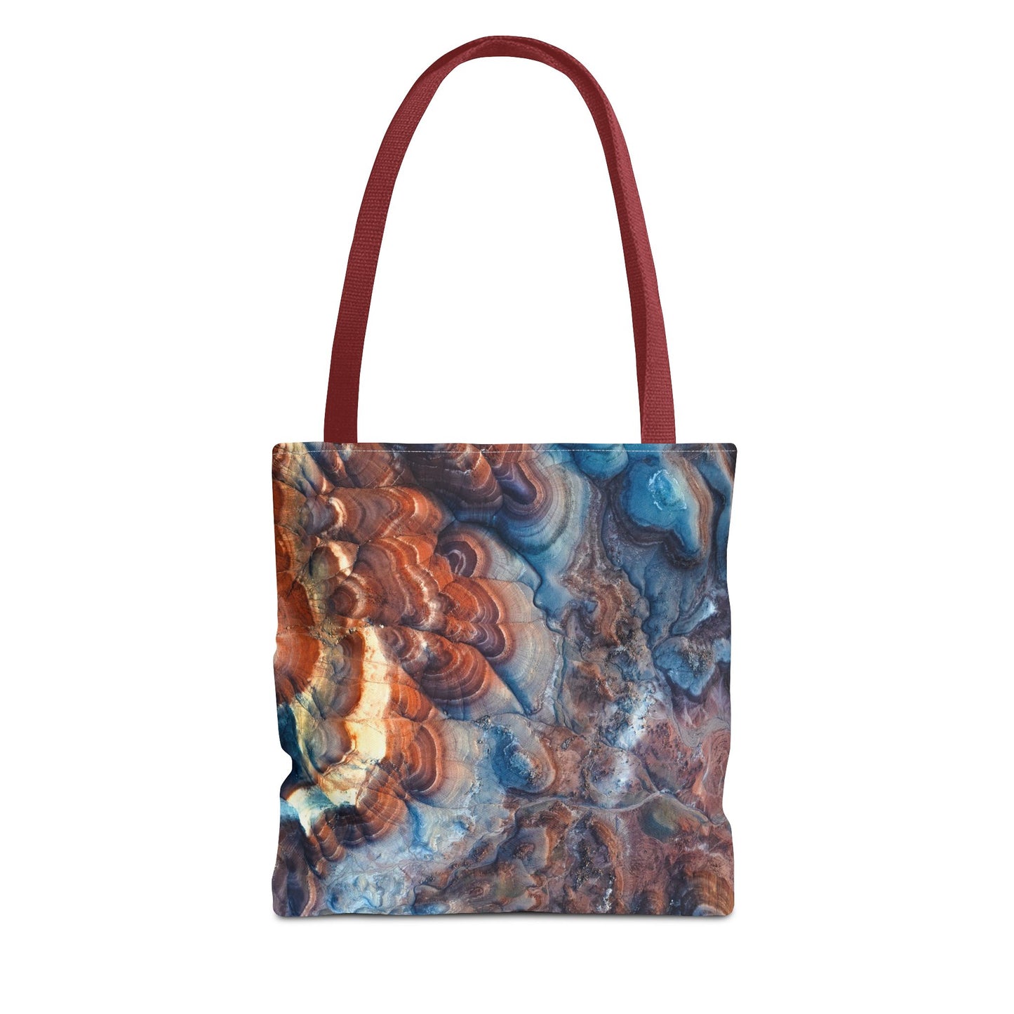 Bentonite Hills Utah Abstract Agate Pattern Tote Bag — Blue & Rust Marble All-Over Print