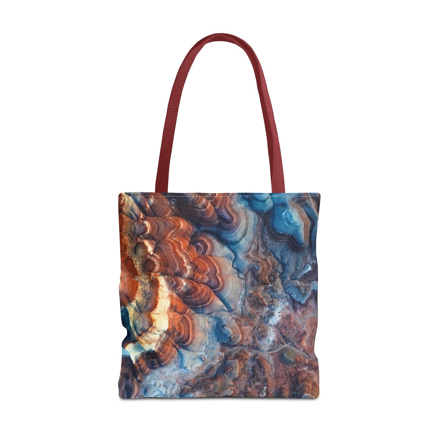 Bentonite Hills Utah Abstract Agate Pattern Tote Bag — Blue & Rust Marble All-Over Print