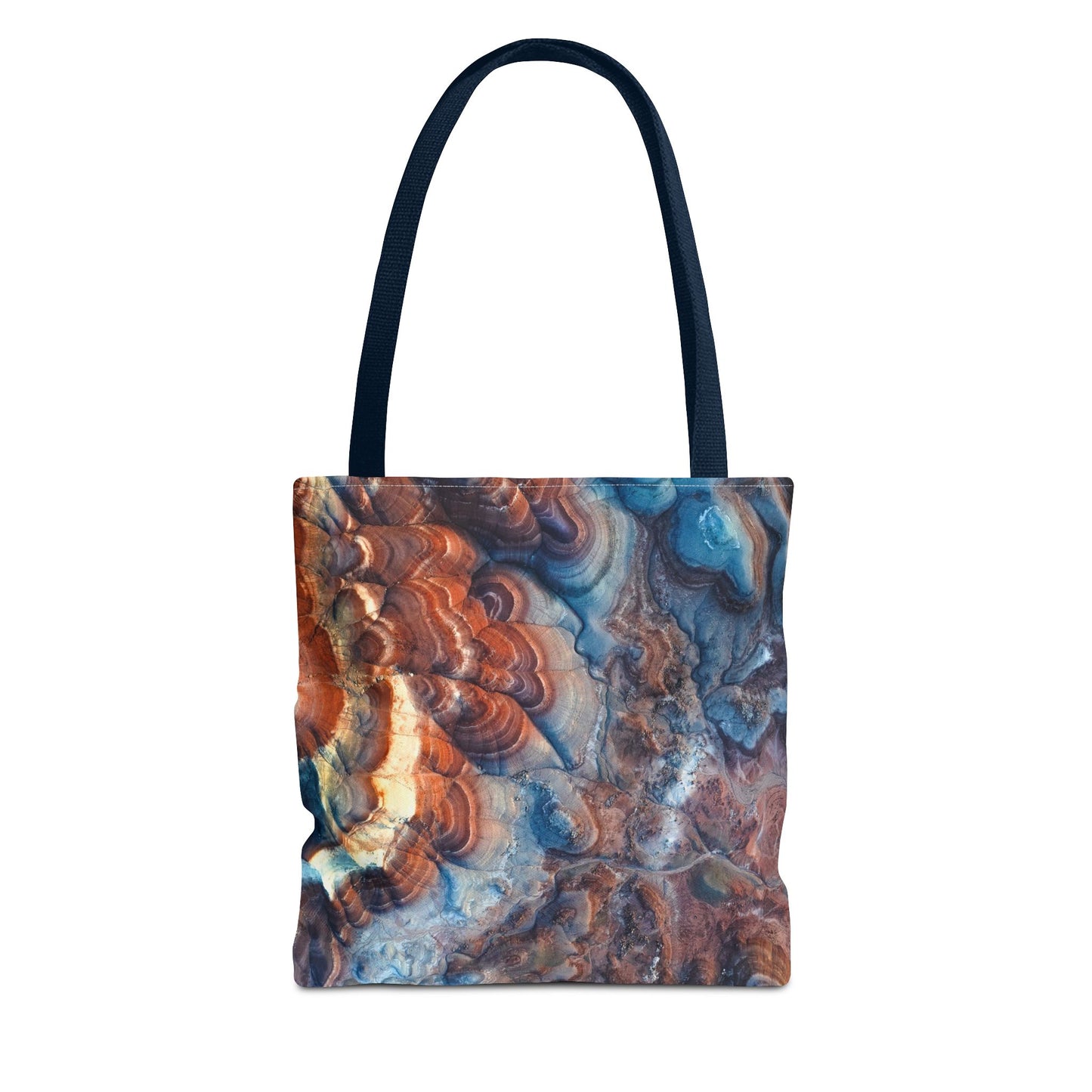 Bentonite Hills Utah Abstract Agate Pattern Tote Bag — Blue & Rust Marble All-Over Print