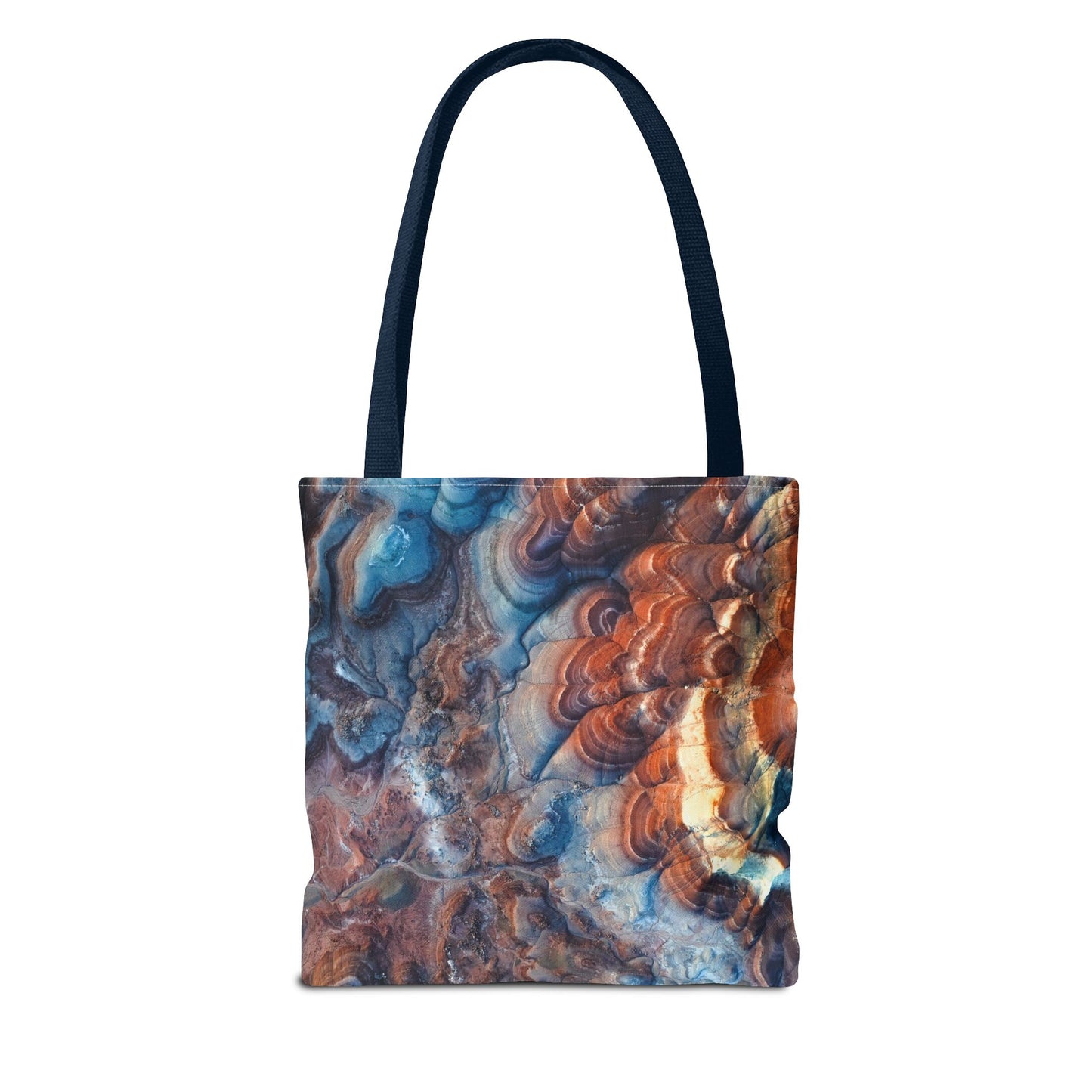 Bentonite Hills Utah Abstract Agate Pattern Tote Bag — Blue & Rust Marble All-Over Print