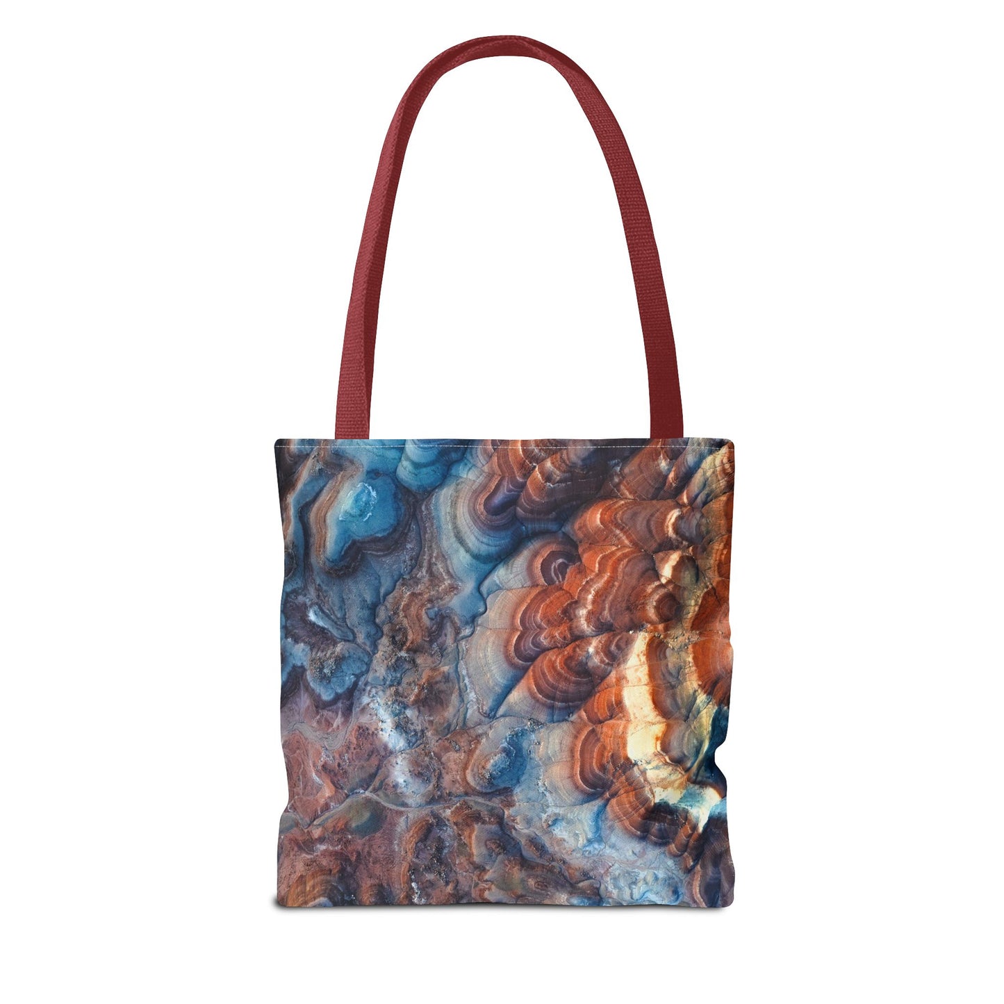 Bentonite Hills Utah Abstract Agate Pattern Tote Bag — Blue & Rust Marble All-Over Print