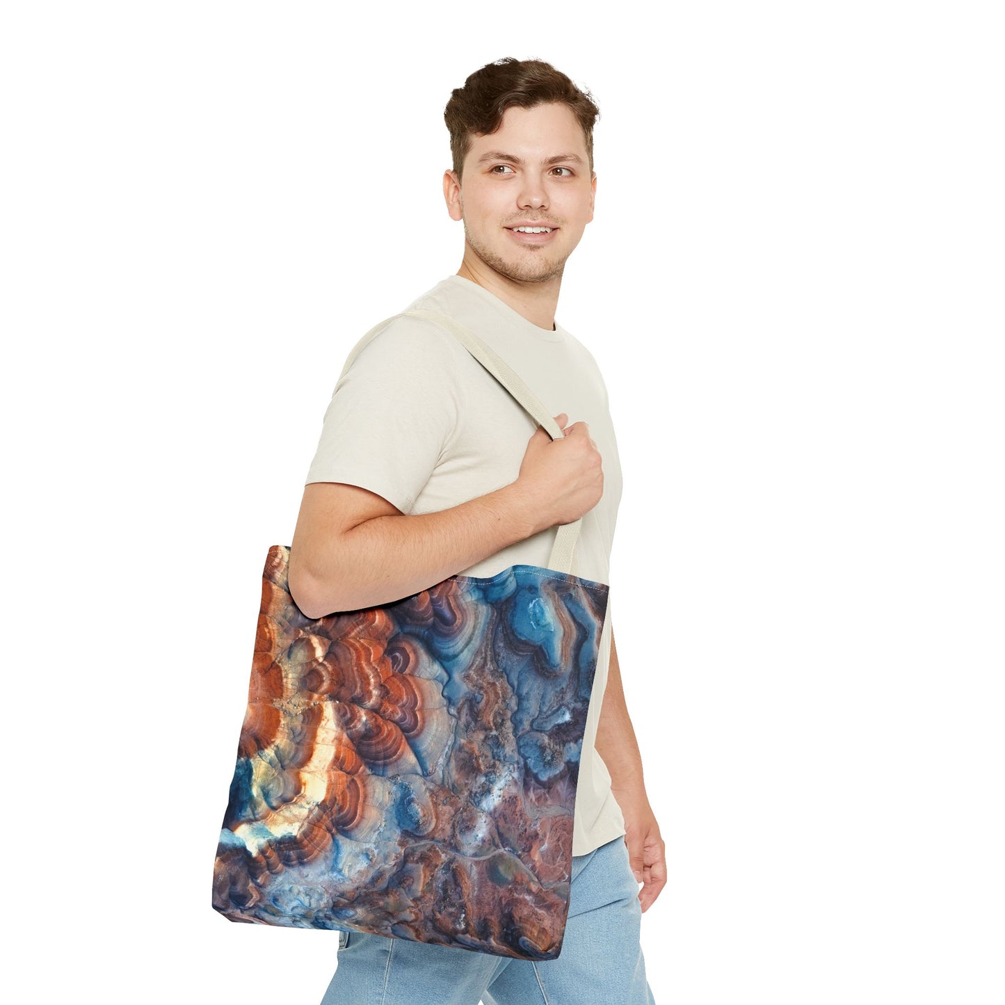 Bentonite Hills Utah Abstract Agate Pattern Tote Bag — Blue & Rust Marble All-Over Print