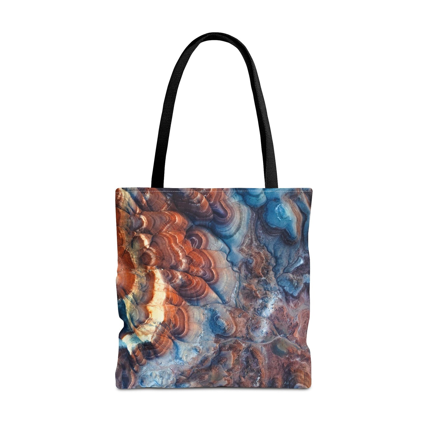 Bentonite Hills Utah Abstract Agate Pattern Tote Bag — Blue & Rust Marble All-Over Print