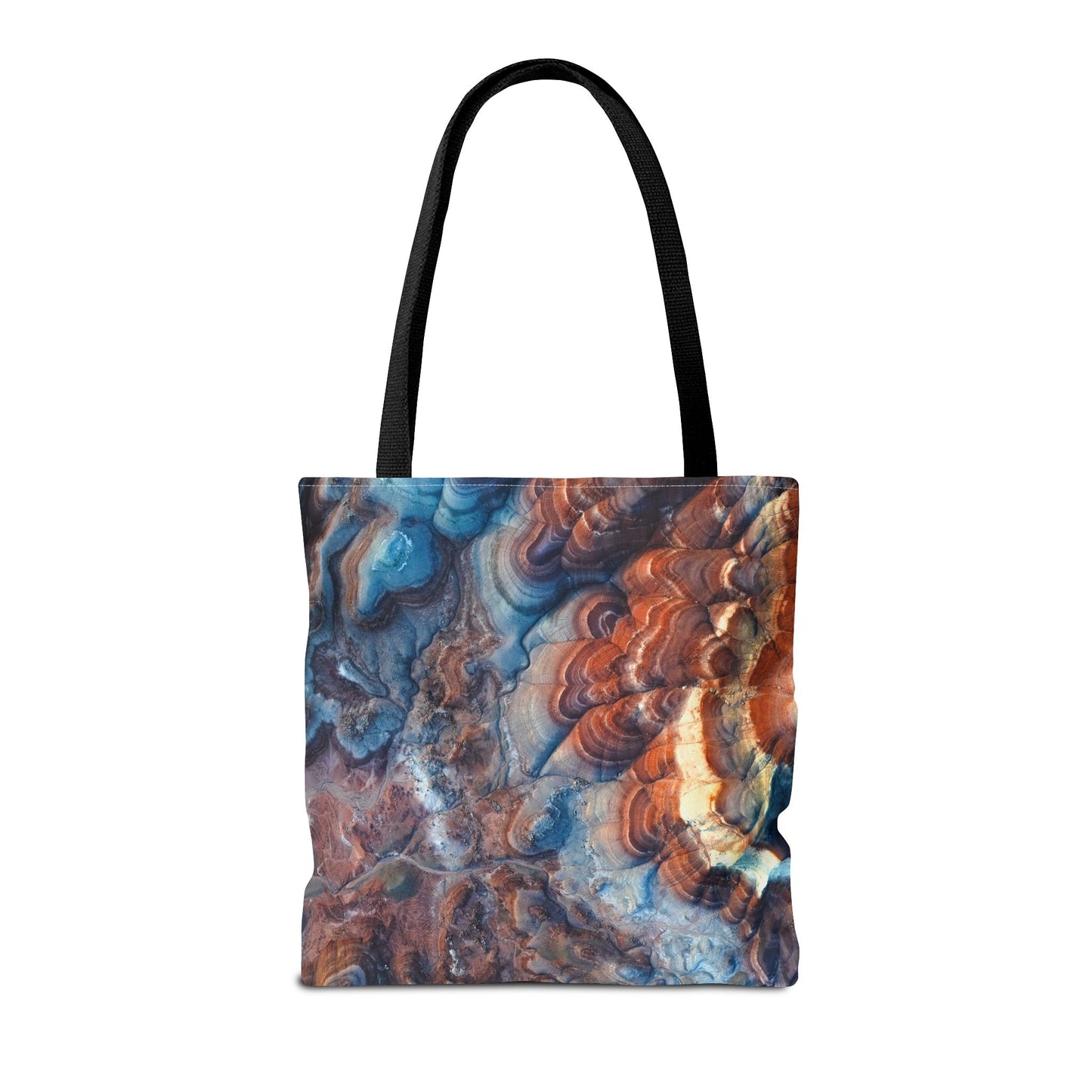 Bentonite Hills Utah Abstract Agate Pattern Tote Bag — Blue & Rust Marble All-Over Print