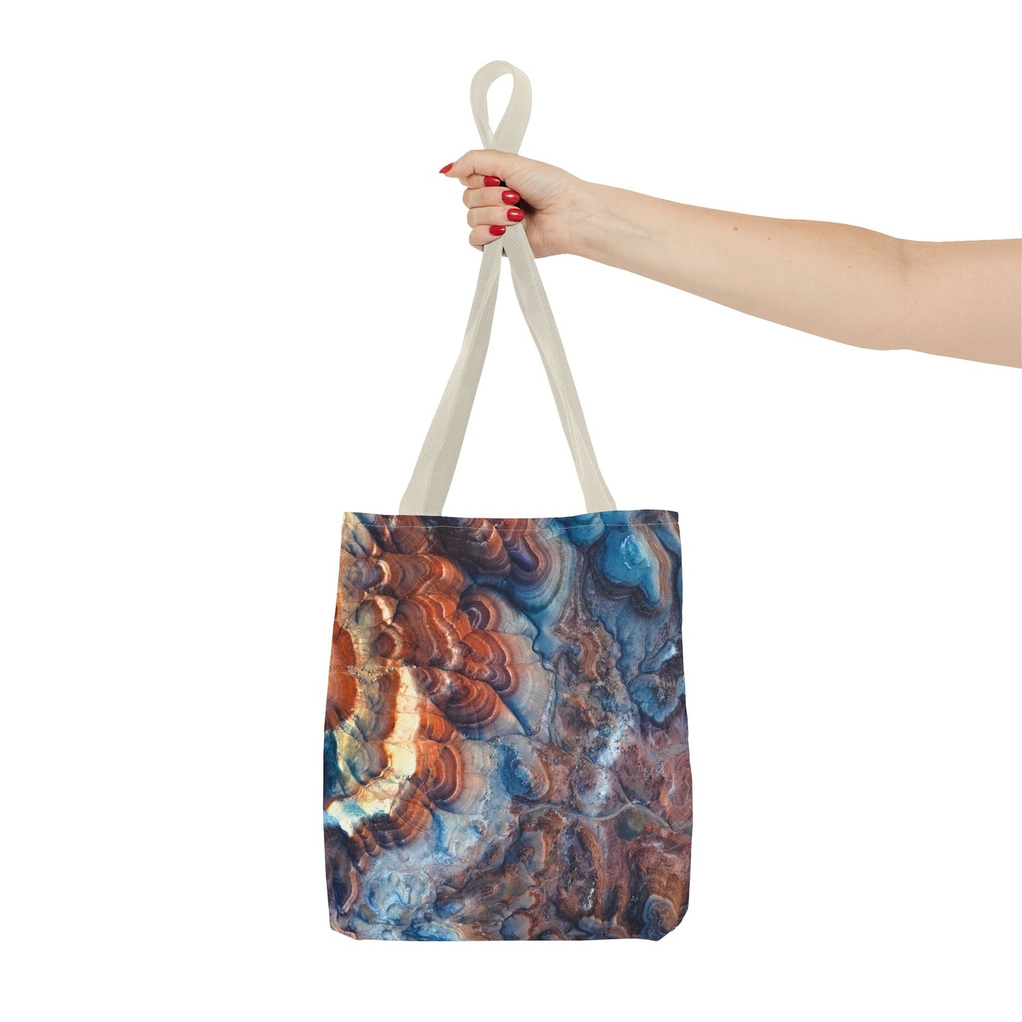 Bentonite Hills Utah Abstract Agate Pattern Tote Bag — Blue & Rust Marble All-Over Print