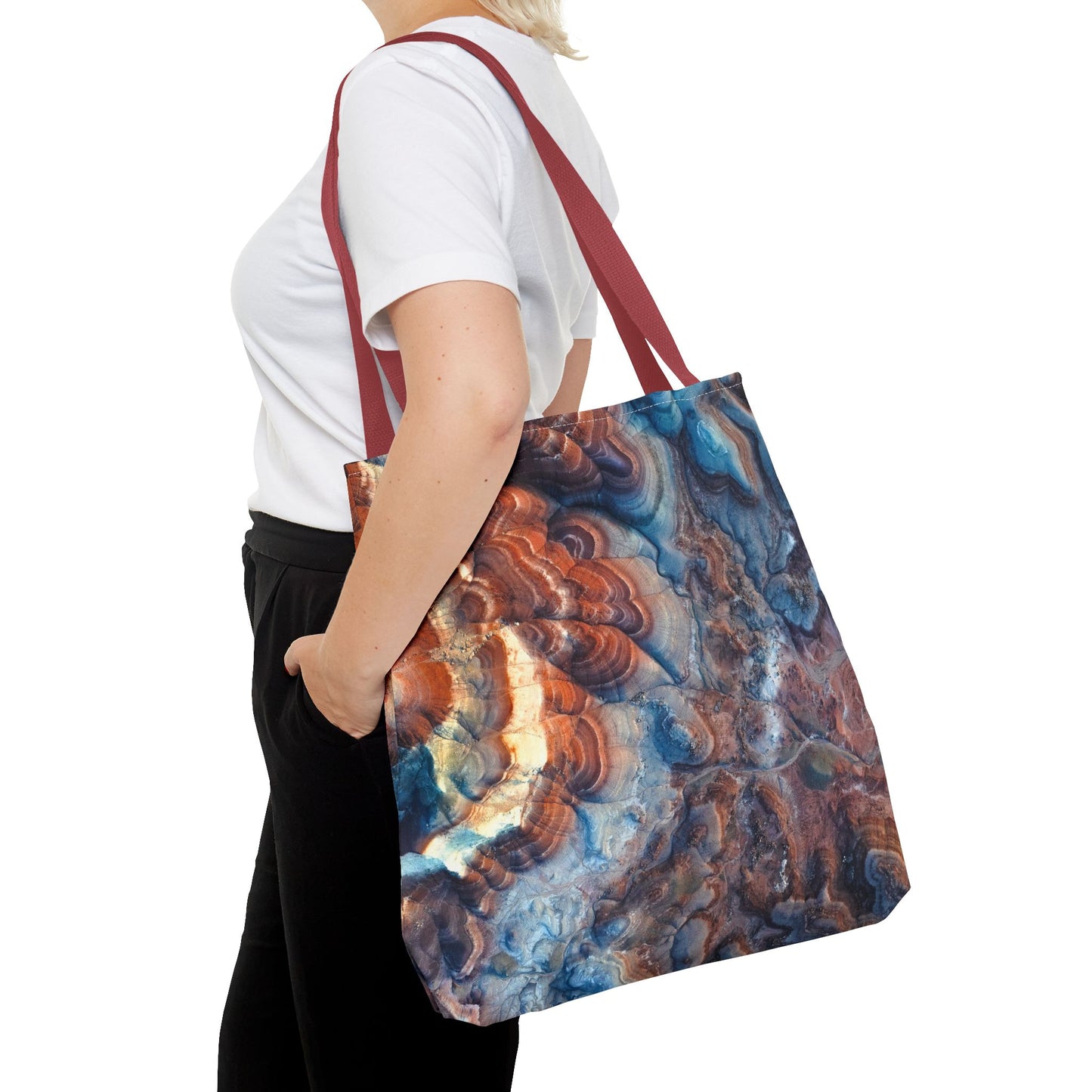 Bentonite Hills Utah Abstract Agate Pattern Tote Bag — Blue & Rust Marble All-Over Print