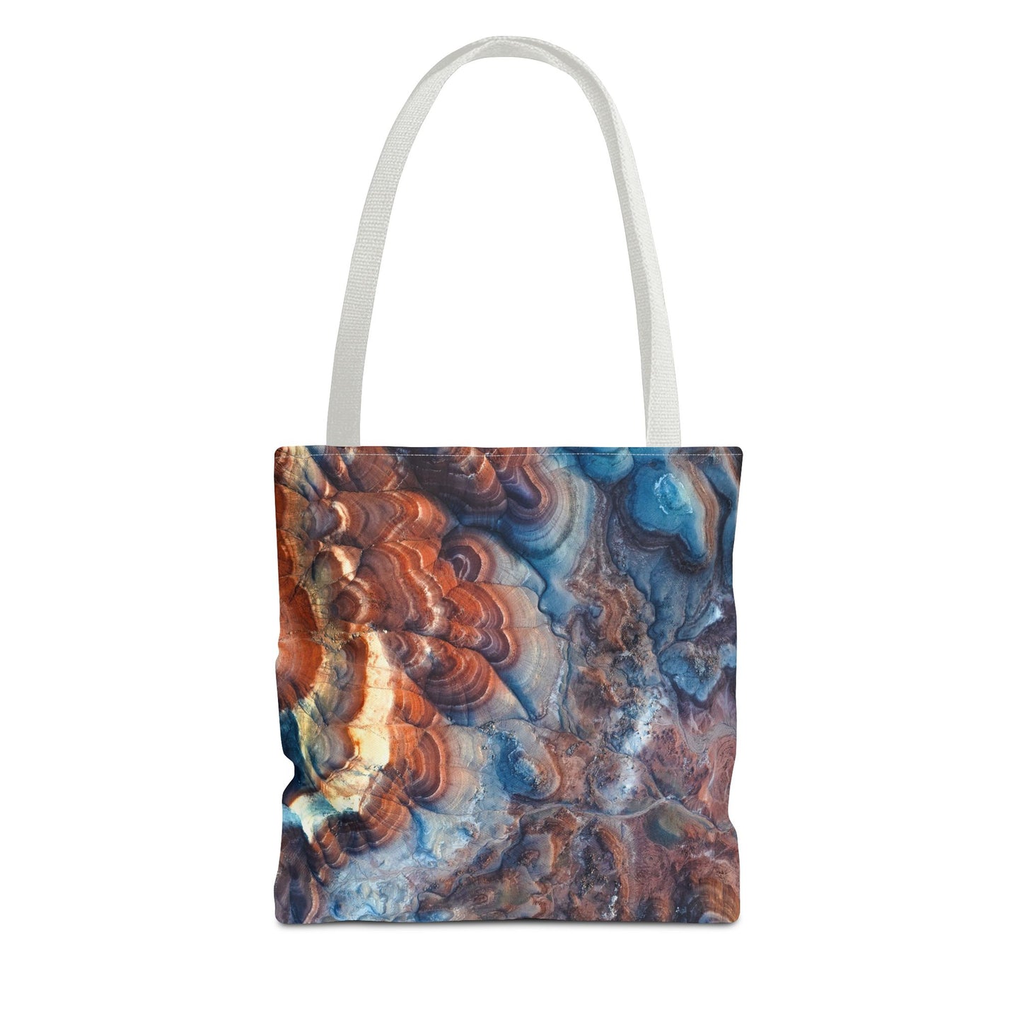 Bentonite Hills Utah Abstract Agate Pattern Tote Bag — Blue & Rust Marble All-Over Print