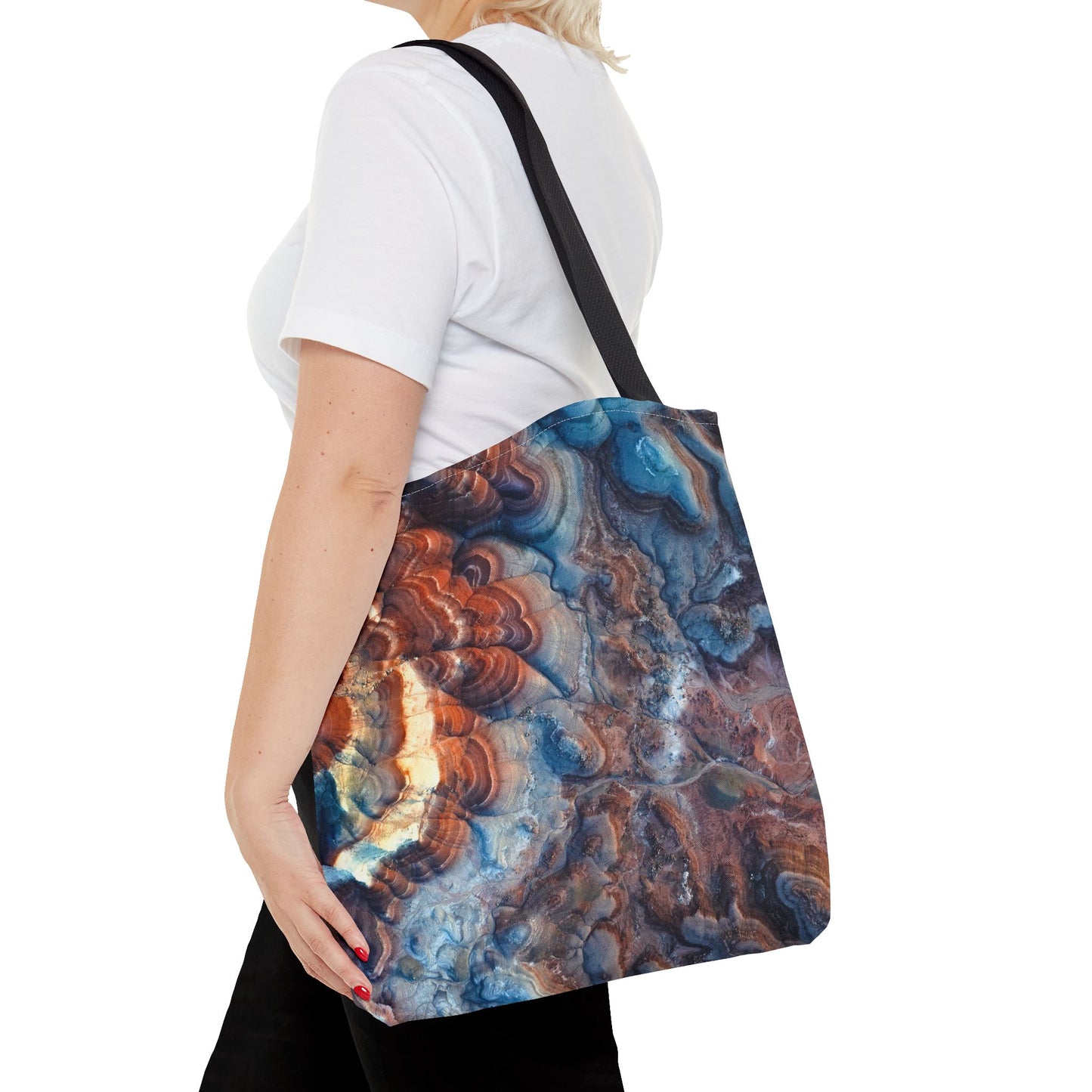 Bentonite Hills Utah Abstract Agate Pattern Tote Bag — Blue & Rust Marble All-Over Print