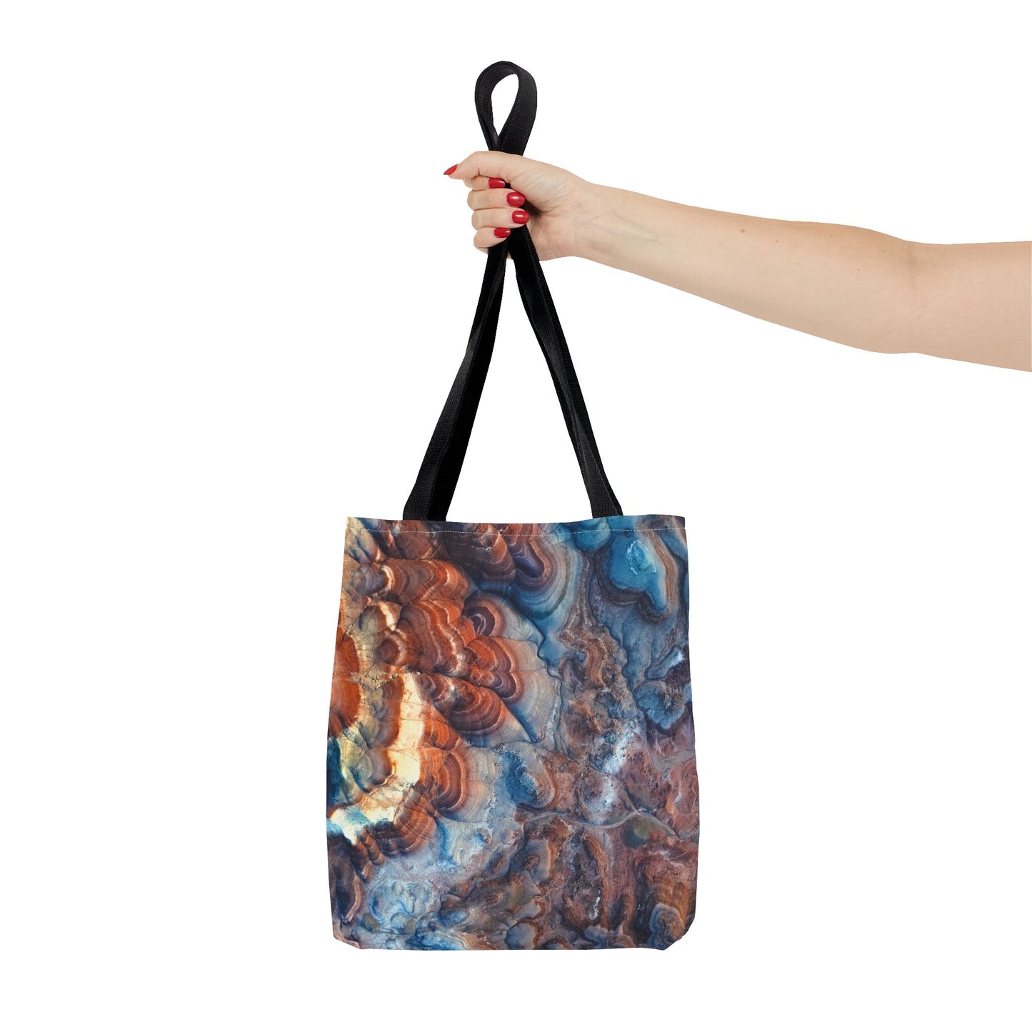 Bentonite Hills Utah Abstract Agate Pattern Tote Bag — Blue & Rust Marble All-Over Print
