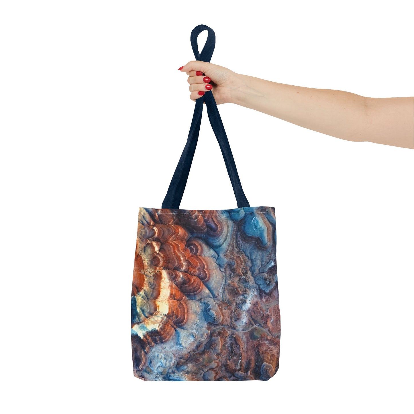 Bentonite Hills Utah Abstract Agate Pattern Tote Bag — Blue & Rust Marble All-Over Print