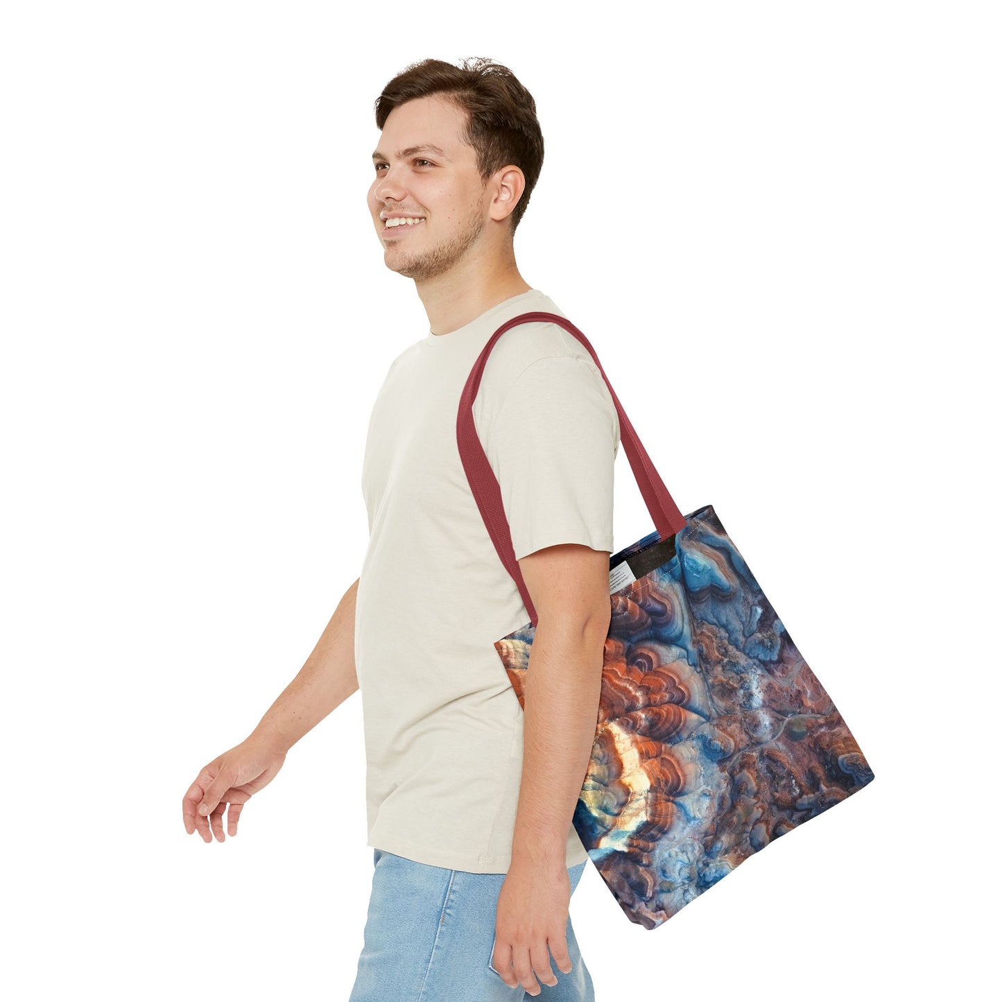 Bentonite Hills Utah Abstract Agate Pattern Tote Bag — Blue & Rust Marble All-Over Print