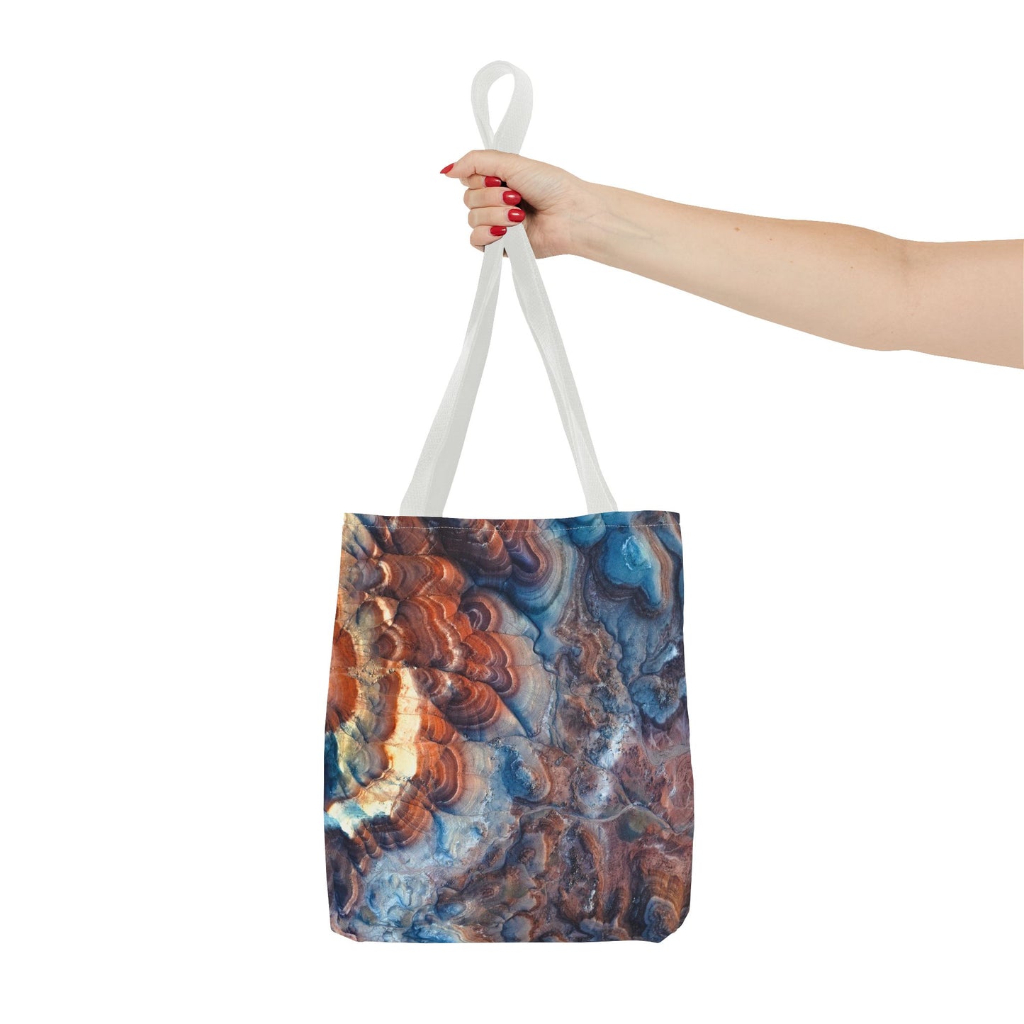 Bentonite Hills Utah Abstract Agate Pattern Tote Bag — Blue & Rust Marble All-Over Print