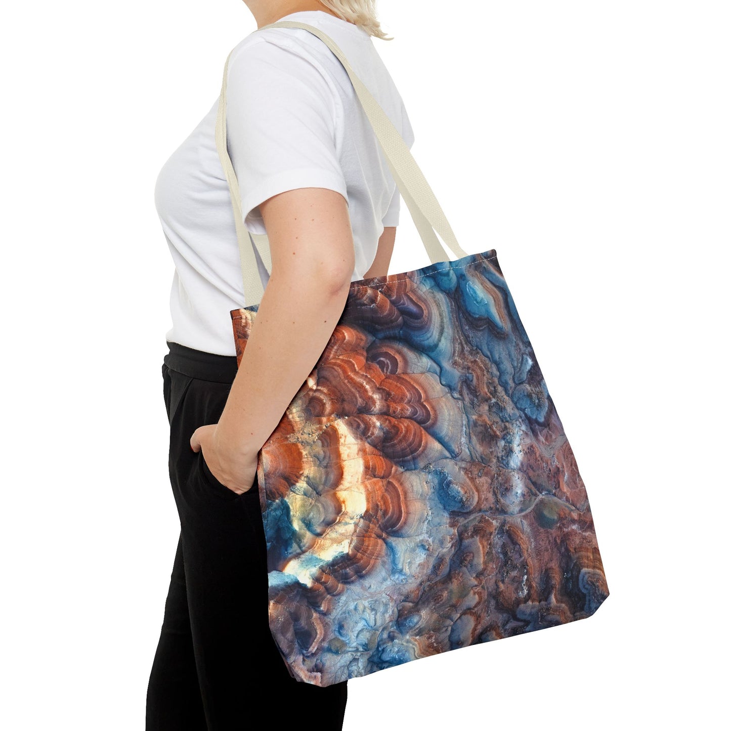 Bentonite Hills Utah Abstract Agate Pattern Tote Bag — Blue & Rust Marble All-Over Print