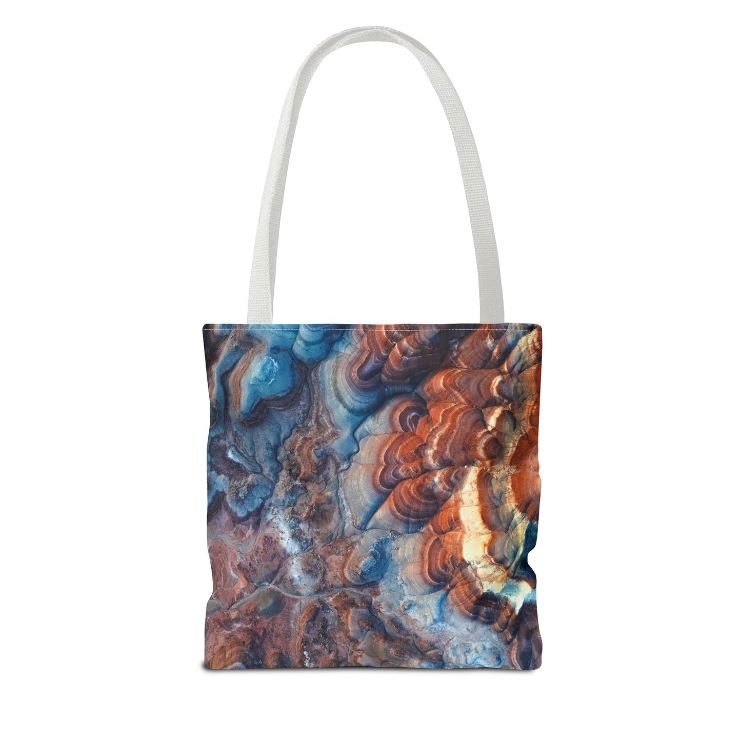 Bentonite Hills Utah Abstract Agate Pattern Tote Bag — Blue & Rust Marble All-Over Print