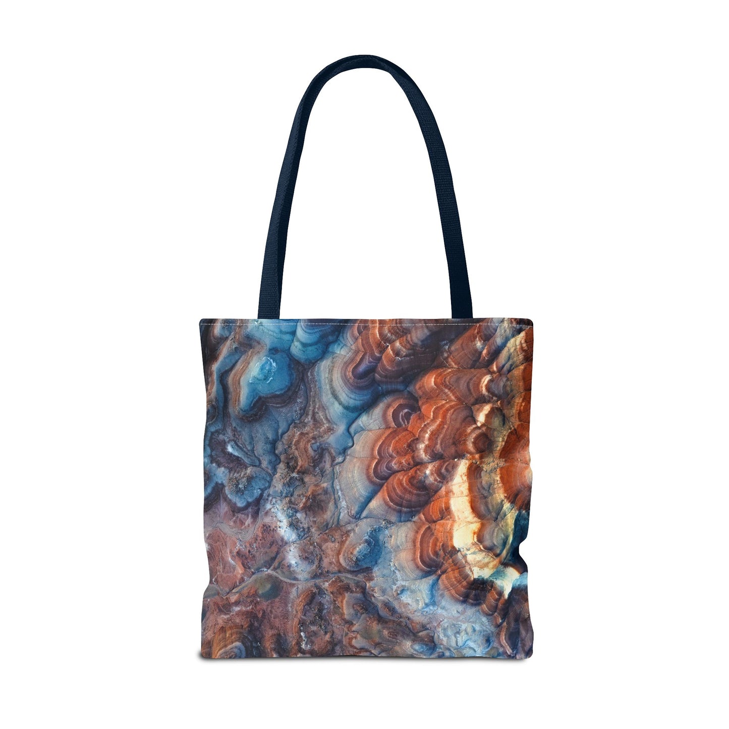 Bentonite Hills Utah Abstract Agate Pattern Tote Bag — Blue & Rust Marble All-Over Print