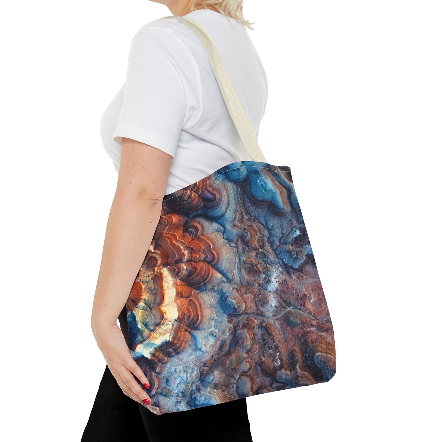 Bentonite Hills Utah Abstract Agate Pattern Tote Bag — Blue & Rust Marble All-Over Print
