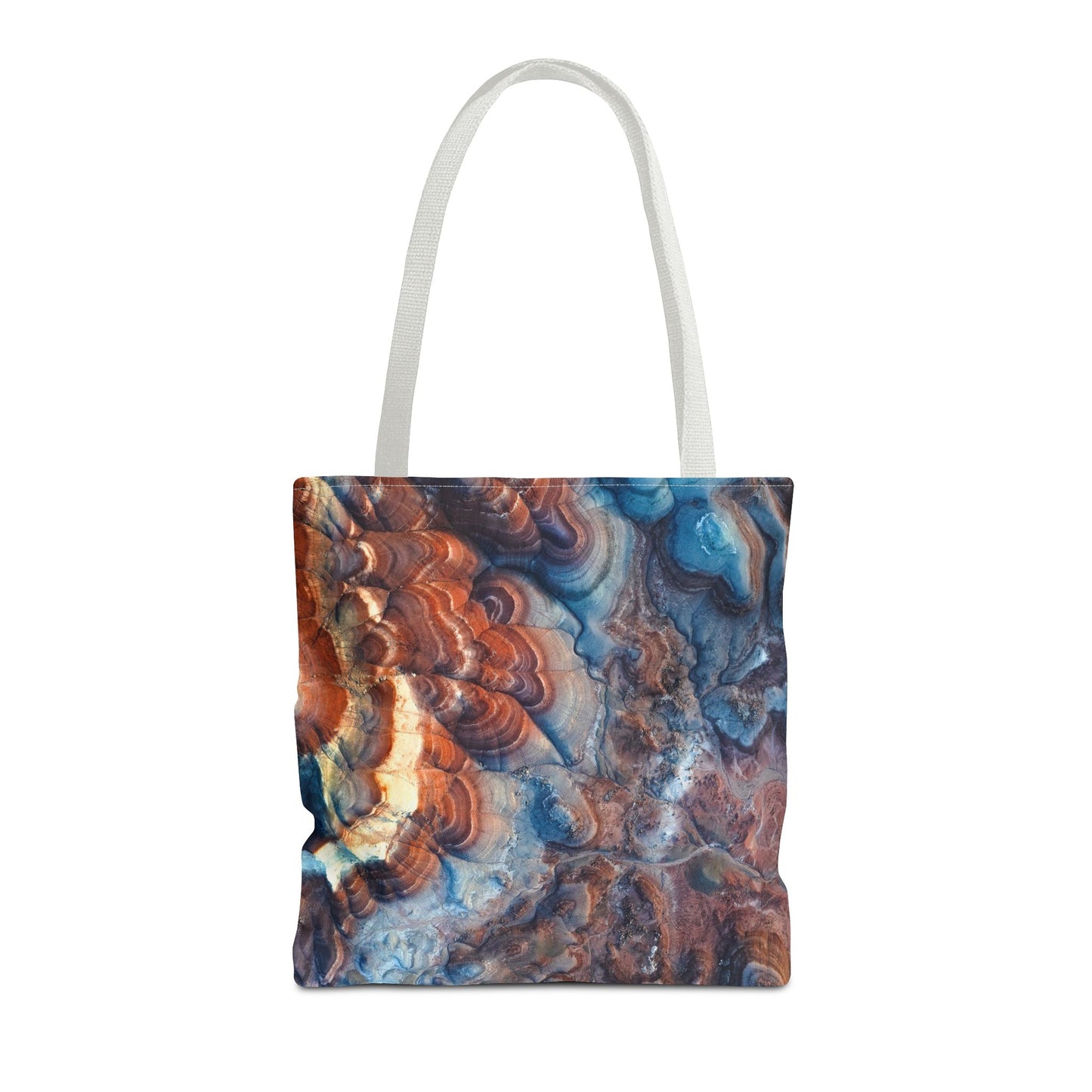 Bentonite Hills Utah Abstract Agate Pattern Tote Bag — Blue & Rust Marble All-Over Print