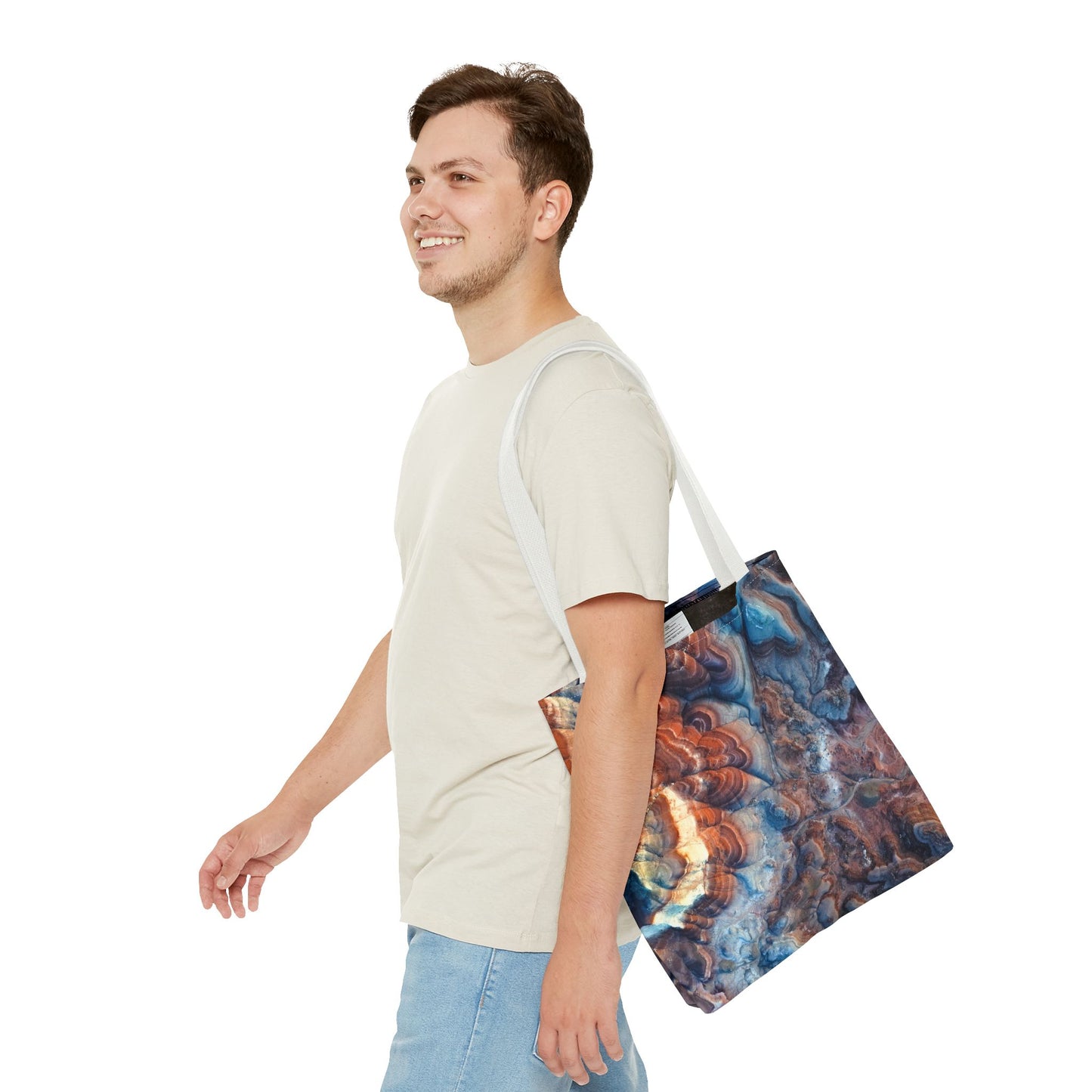 Bentonite Hills Utah Abstract Agate Pattern Tote Bag — Blue & Rust Marble All-Over Print