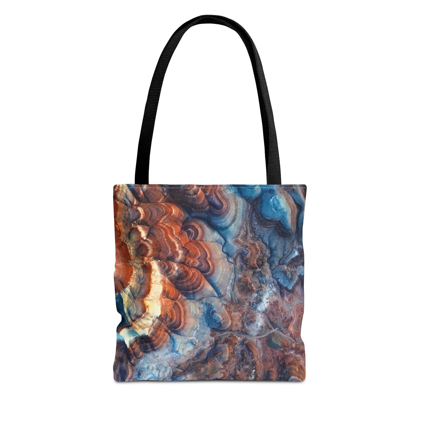 Bentonite Hills Utah Abstract Agate Pattern Tote Bag — Blue & Rust Marble All-Over Print