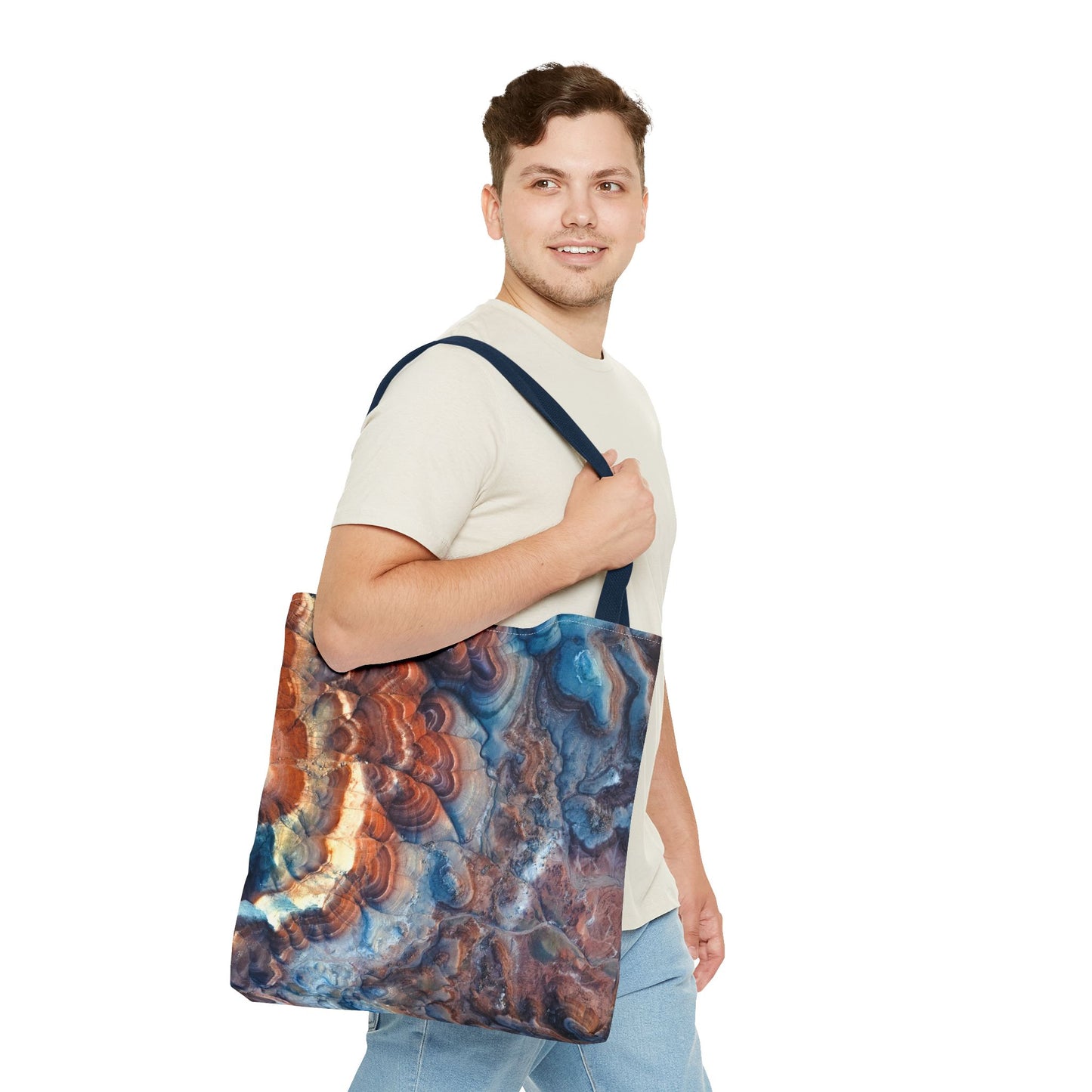 Bentonite Hills Utah Abstract Agate Pattern Tote Bag — Blue & Rust Marble All-Over Print