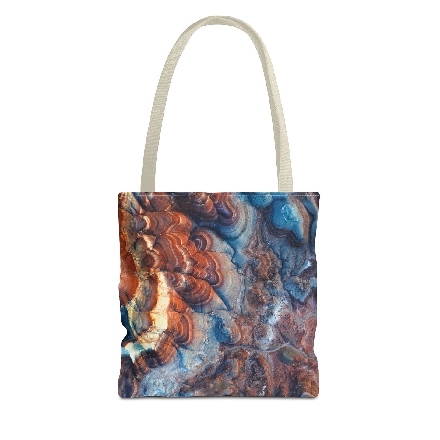 Bentonite Hills Utah Abstract Agate Pattern Tote Bag — Blue & Rust Marble All-Over Print