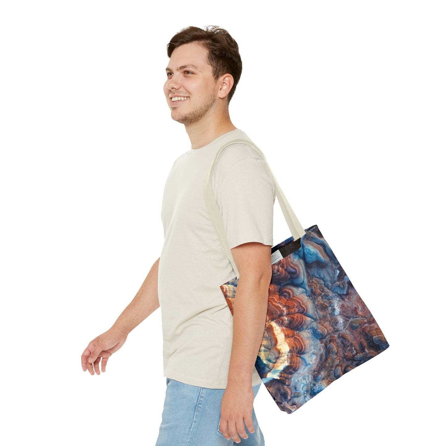 Bentonite Hills Utah Abstract Agate Pattern Tote Bag — Blue & Rust Marble All-Over Print