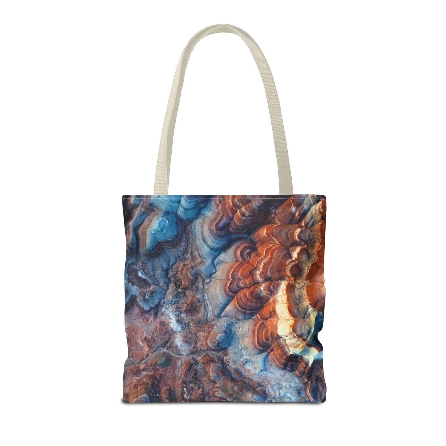 Bentonite Hills Utah Abstract Agate Pattern Tote Bag — Blue & Rust Marble All-Over Print