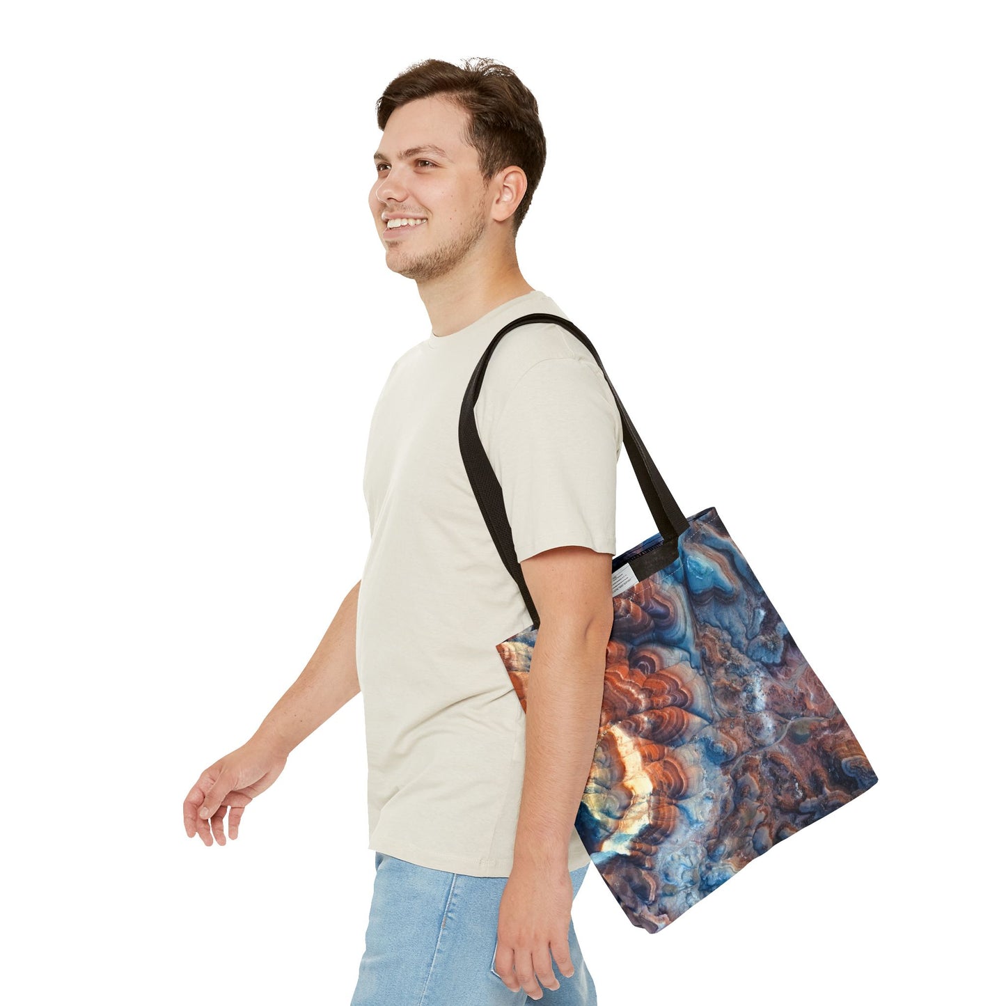 Bentonite Hills Utah Abstract Agate Pattern Tote Bag — Blue & Rust Marble All-Over Print