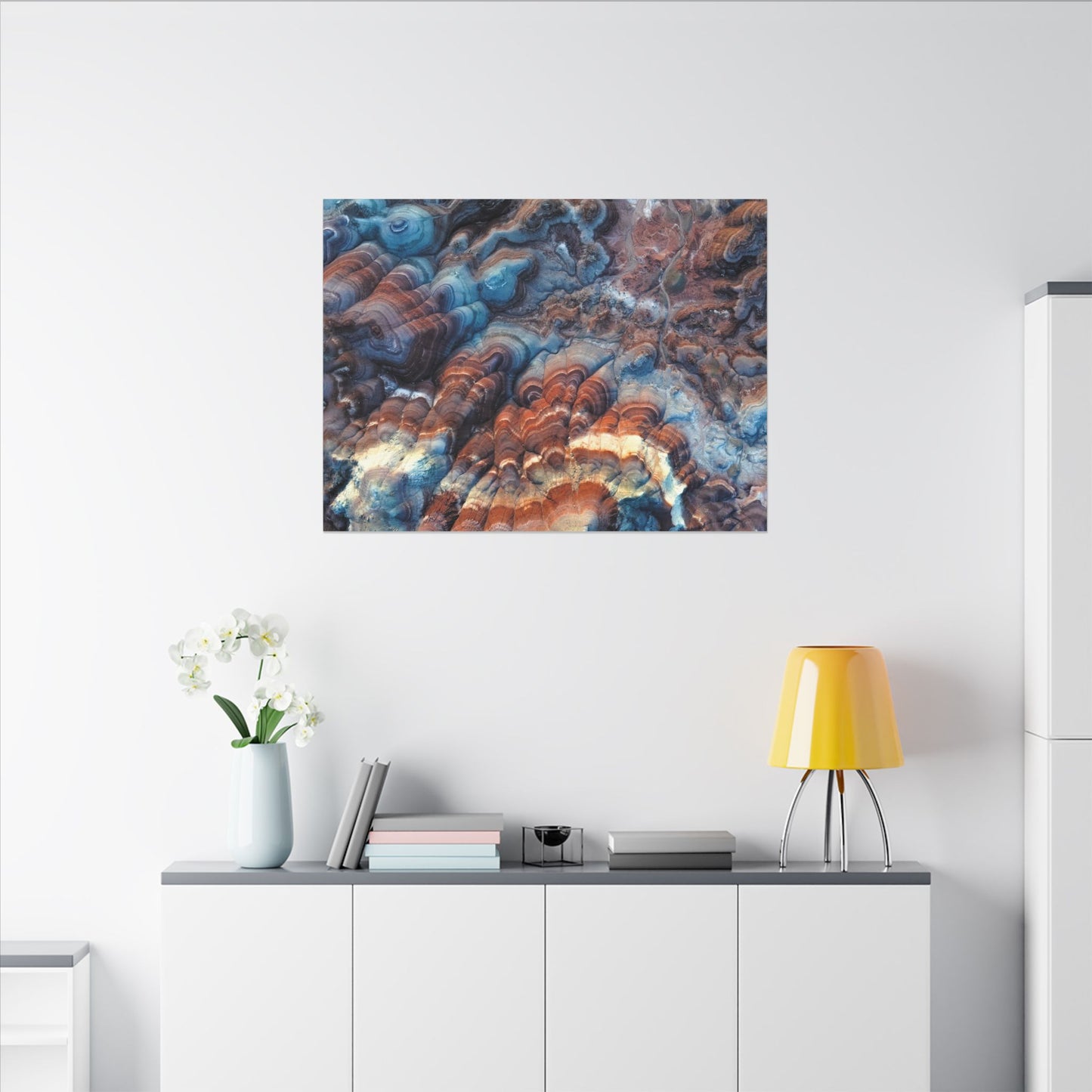 Bentonite Hills Agate Wave Matte Canvas Print — Blue & Copper Geological Art
