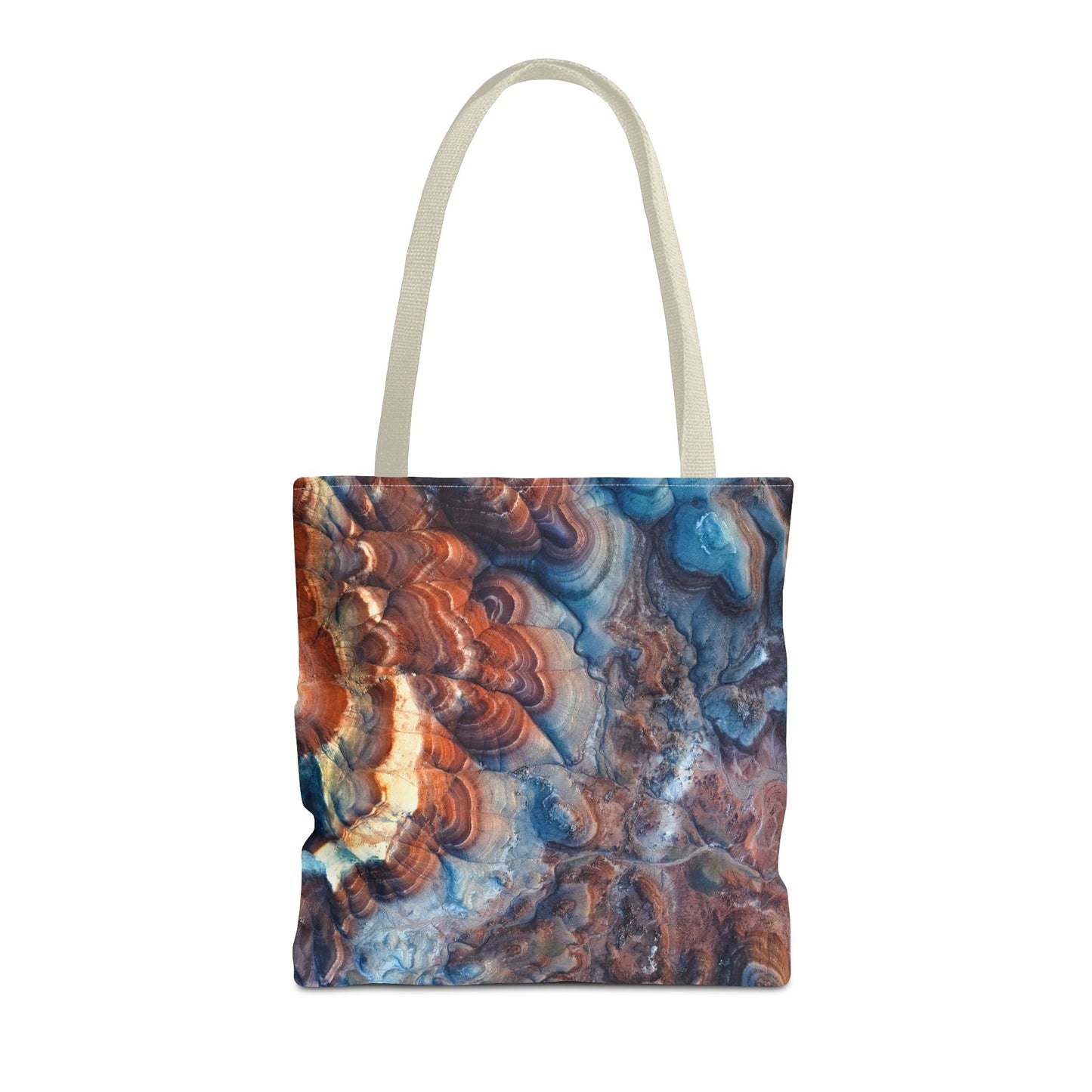 Bentonite Hills Utah Abstract Agate Pattern Tote Bag — Blue & Rust Marble All-Over Print